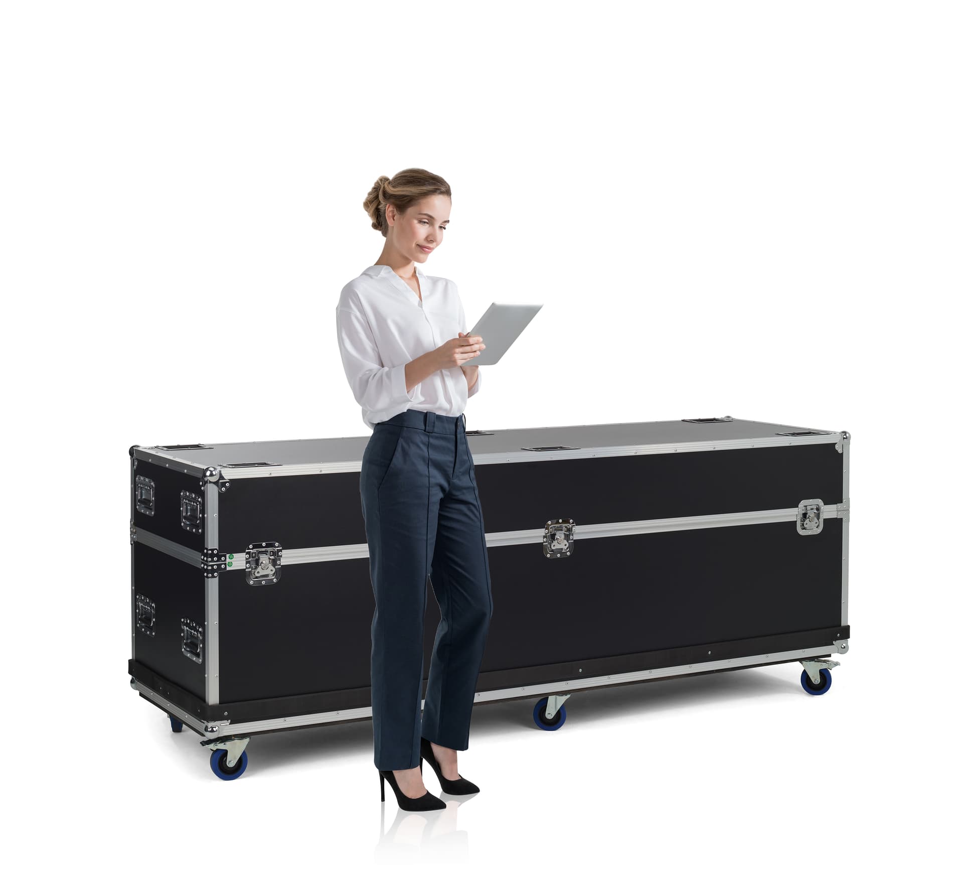Utility case for LED Poster with a subject standing next to the case 