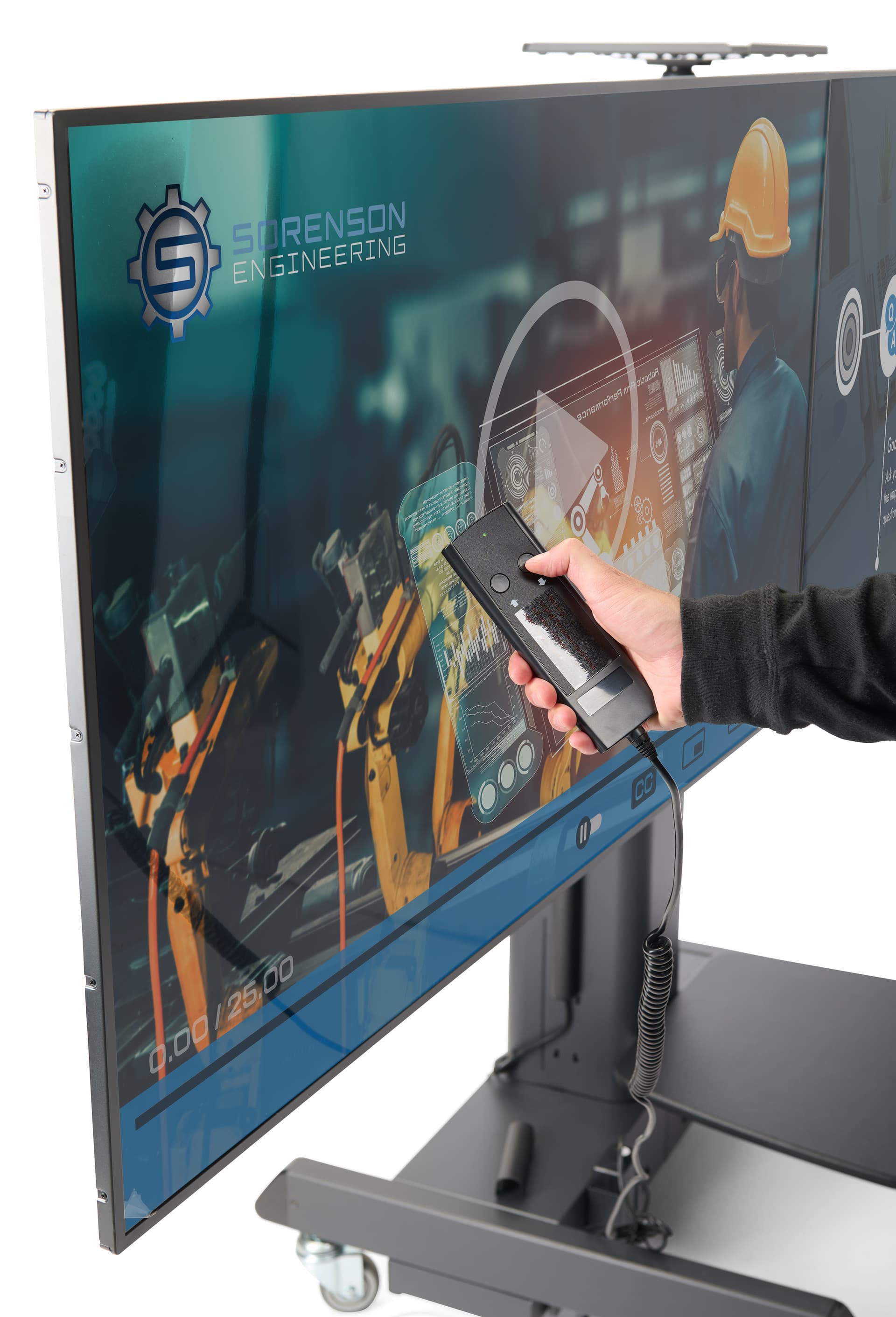 Motorized double screen floor standing with an individual adjusting the height of the stand with the wired remote