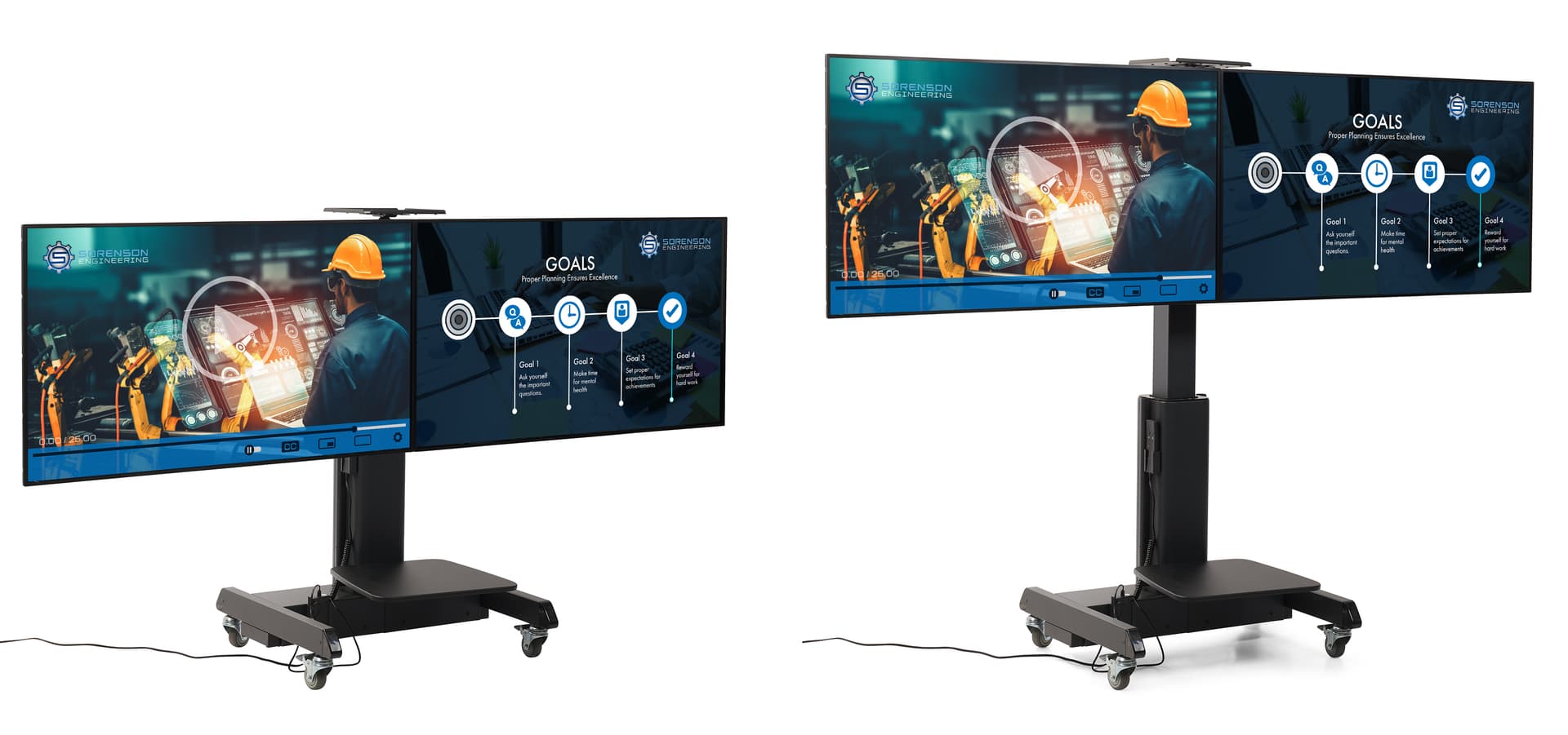 Motorized double screen floor standing showcasing the stands at its highest and lowest settings