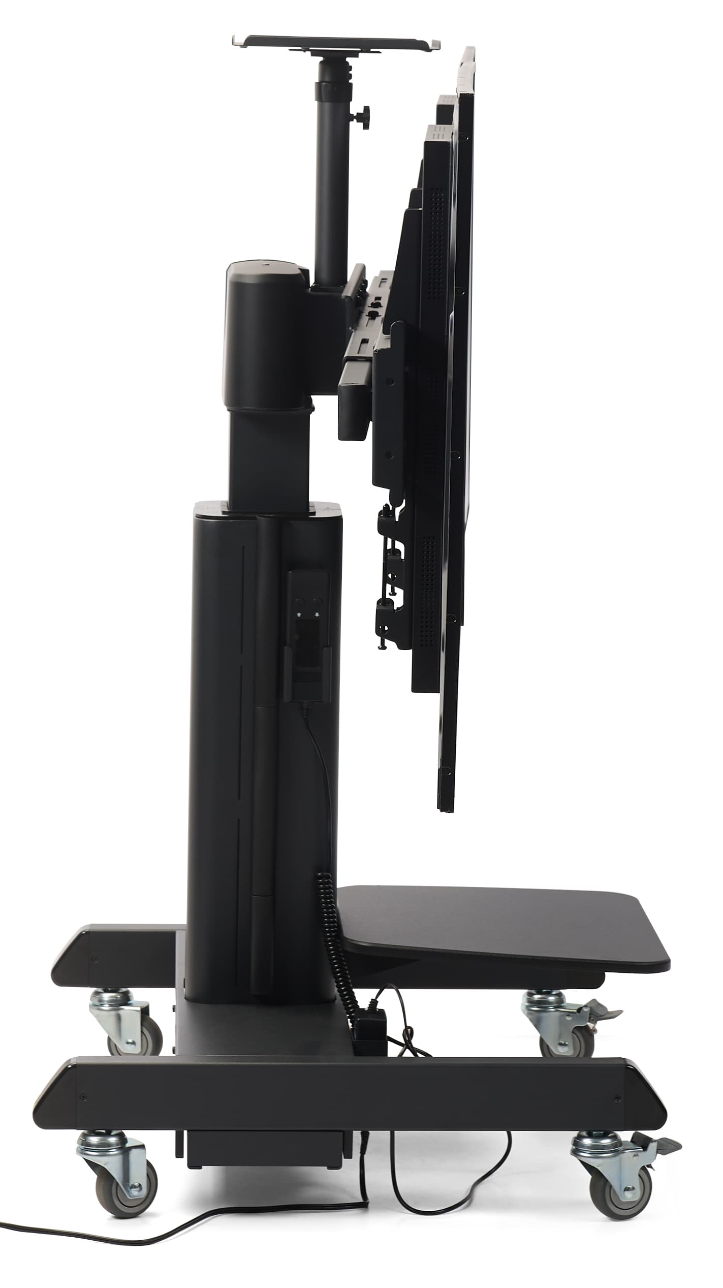 Motorized double screen floor standing with a side angle of the TV stand