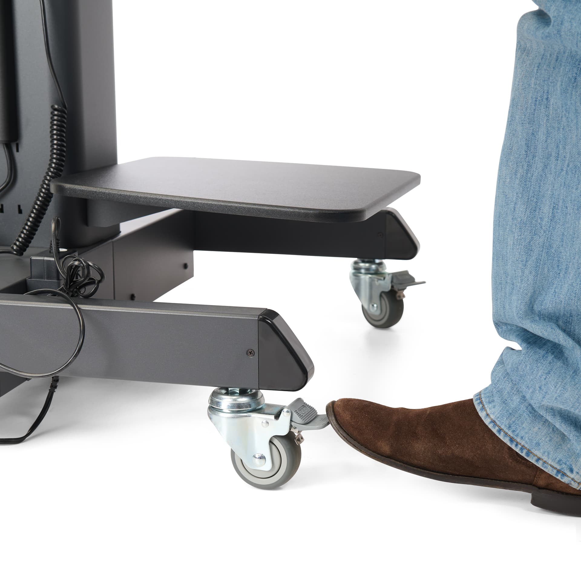 Motorized double screen floor standing with locking caster wheels