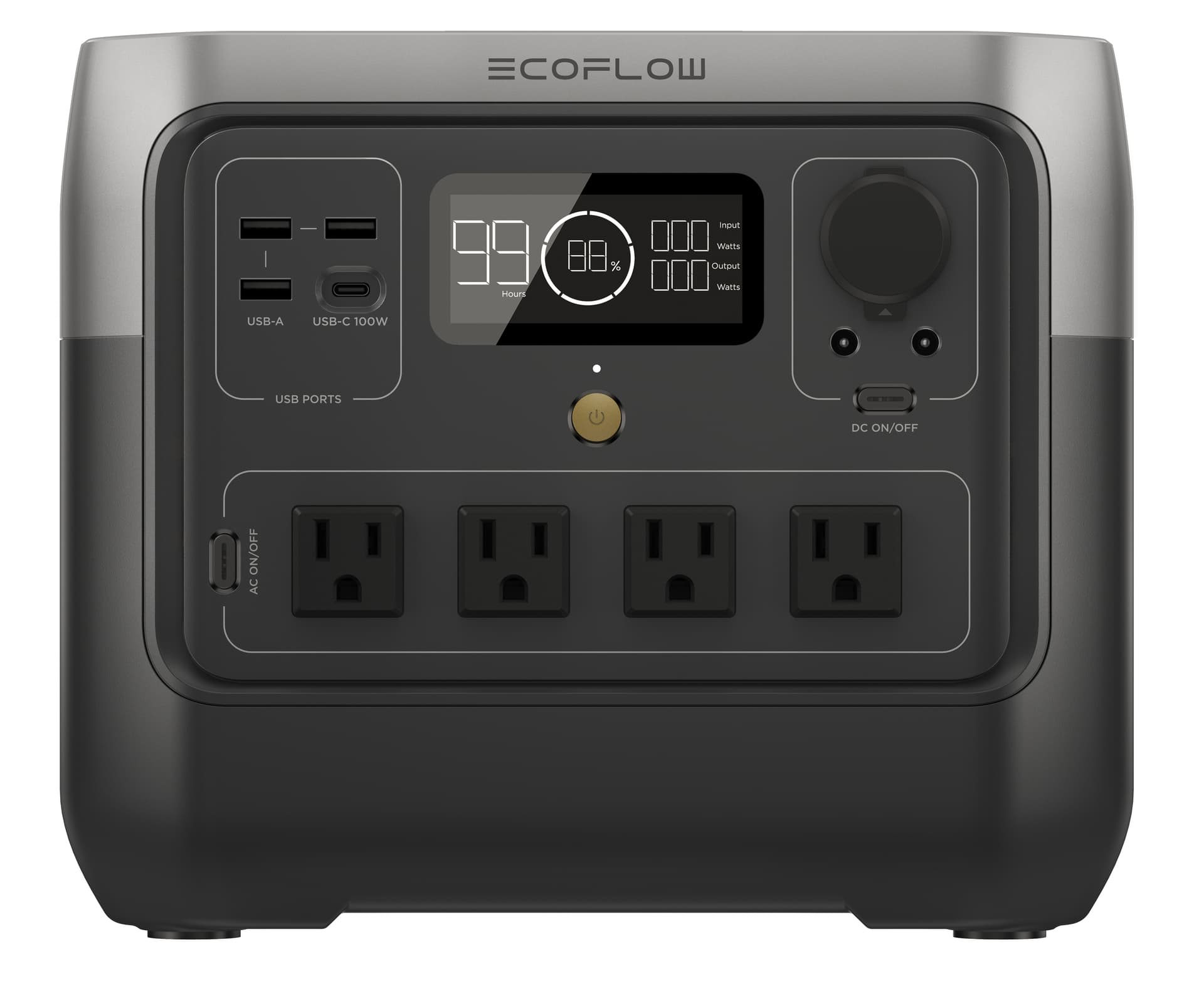 EcoFlow RIVER 2 Pro portable power station with 4 AC power outlets, 3 USB-A ports, and one USB-C port