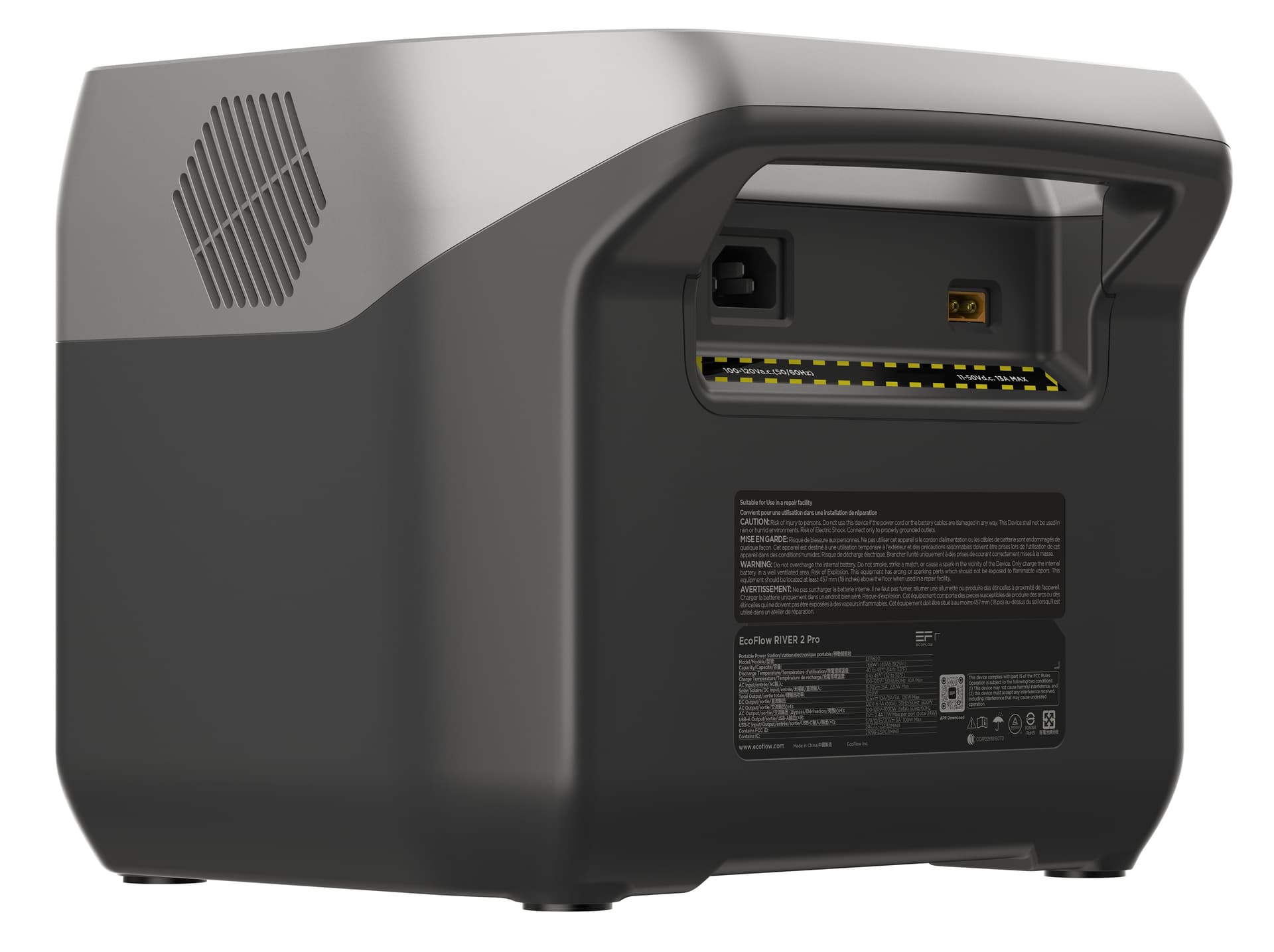 EcoFlow RIVER 2 Pro portable power station showcasing the back of the unit where the solar port and power cord port is 