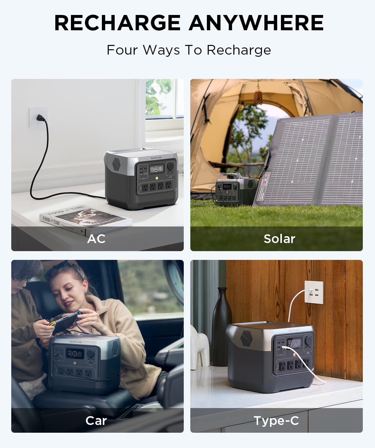 EcoFlow RIVER 2 Pro portable power station recharge anywhere. Four ways to recharge.