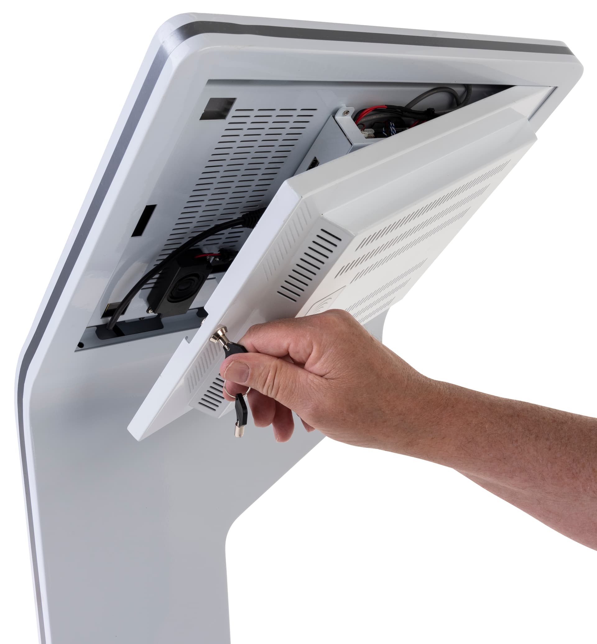 Touch screen interactive kiosk with camera and internal speakers 