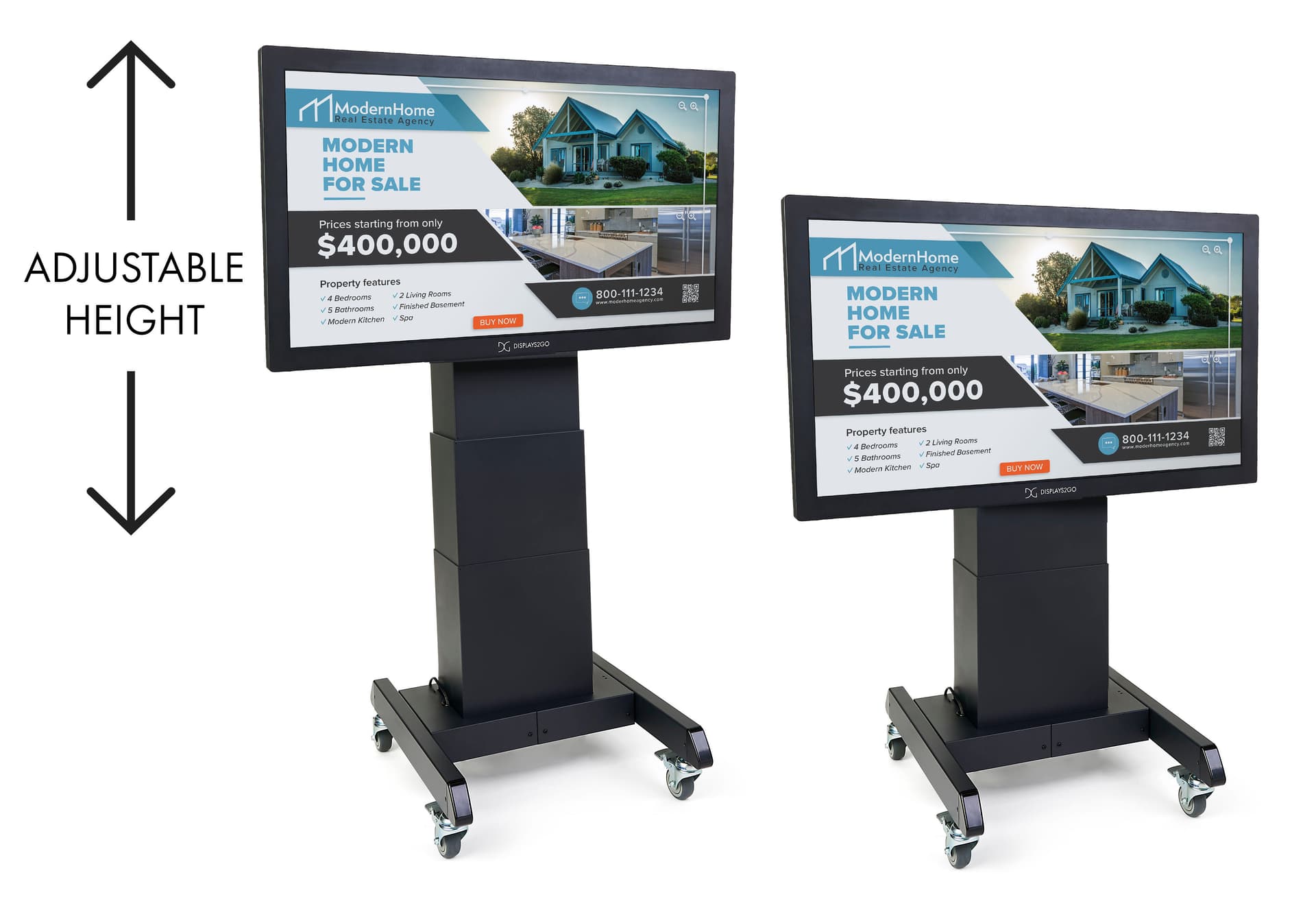 Touch screen digital signage with motorized lift and adjustable height options