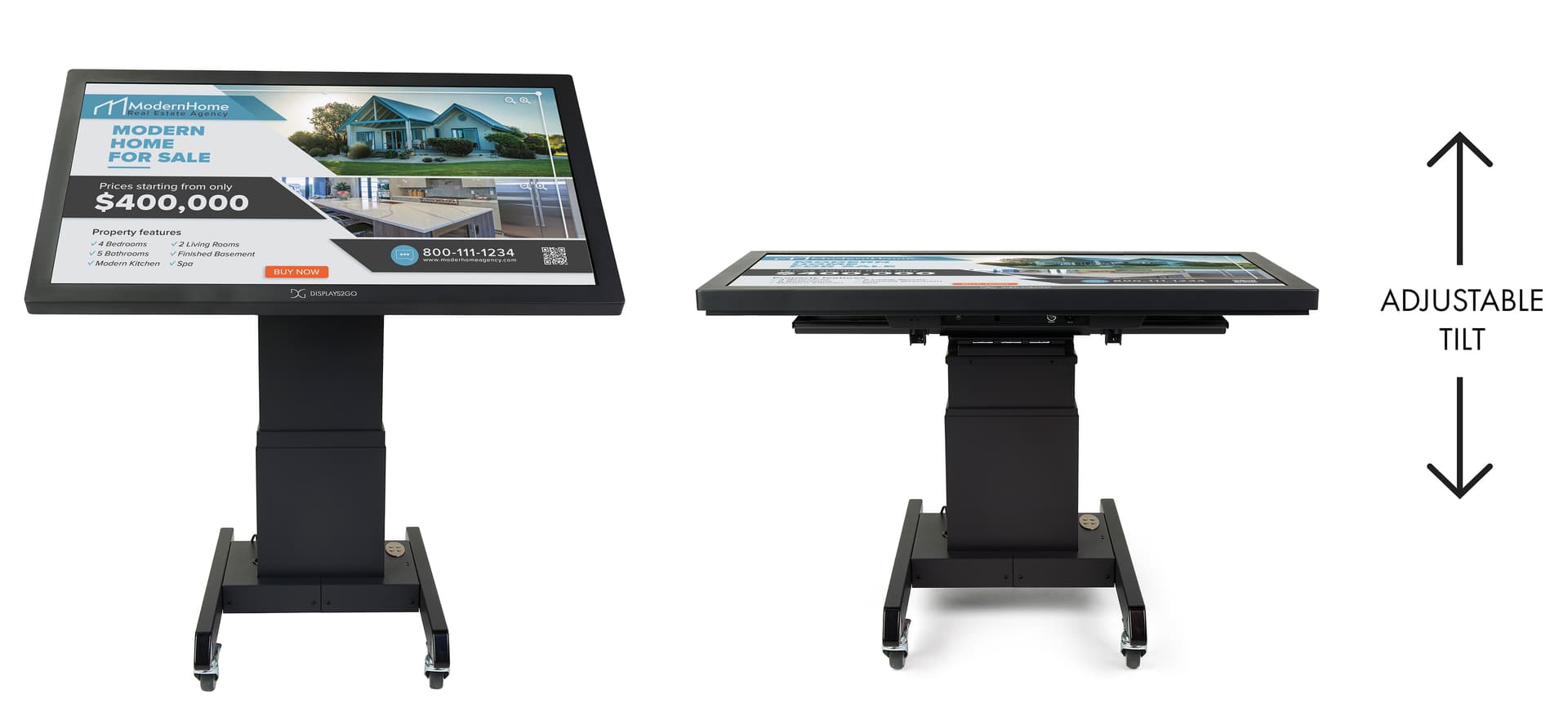 Touch screen digital signage with motorized lift and tilting options 