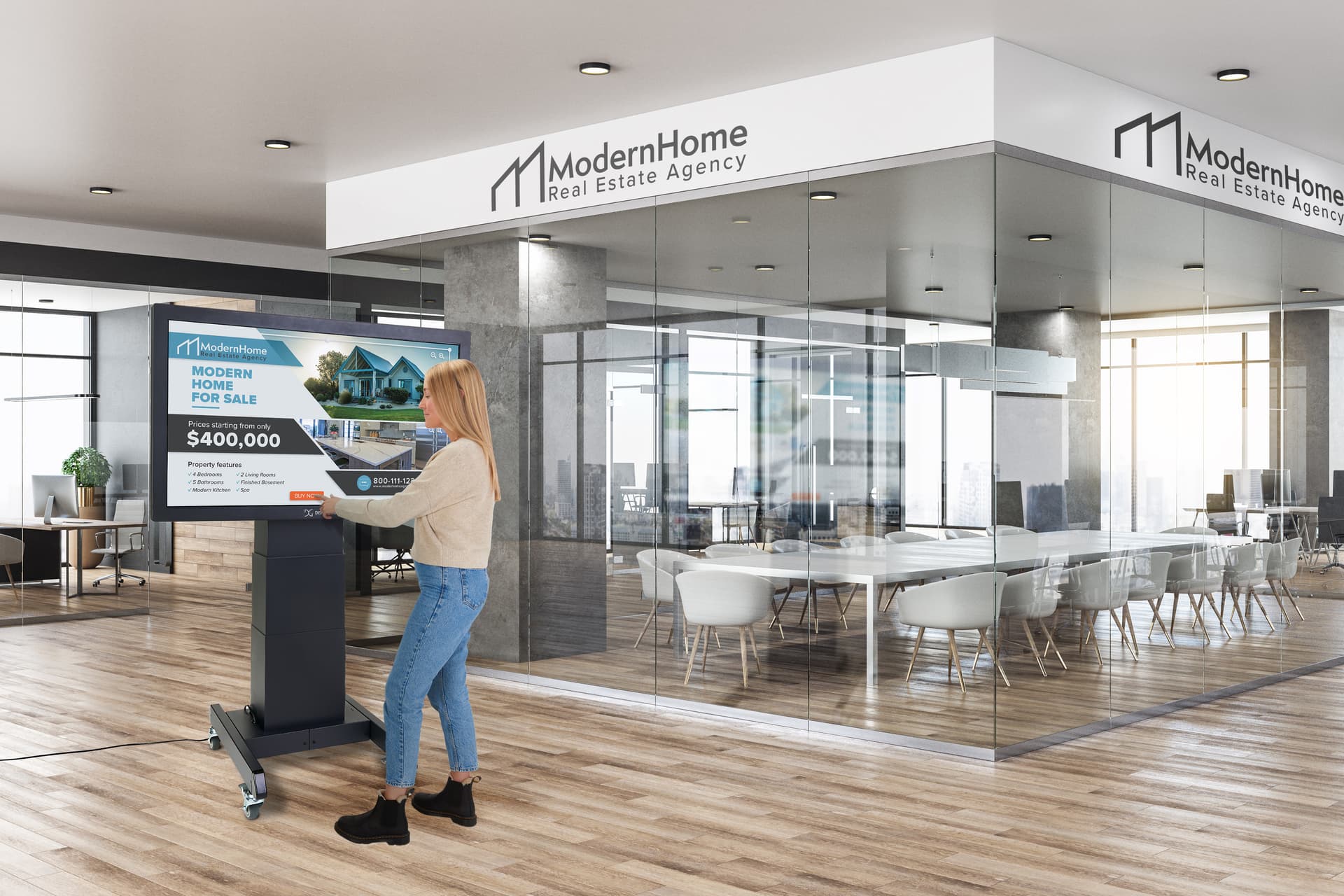 Touch screen digital signage with motorized lift supports image and video files 