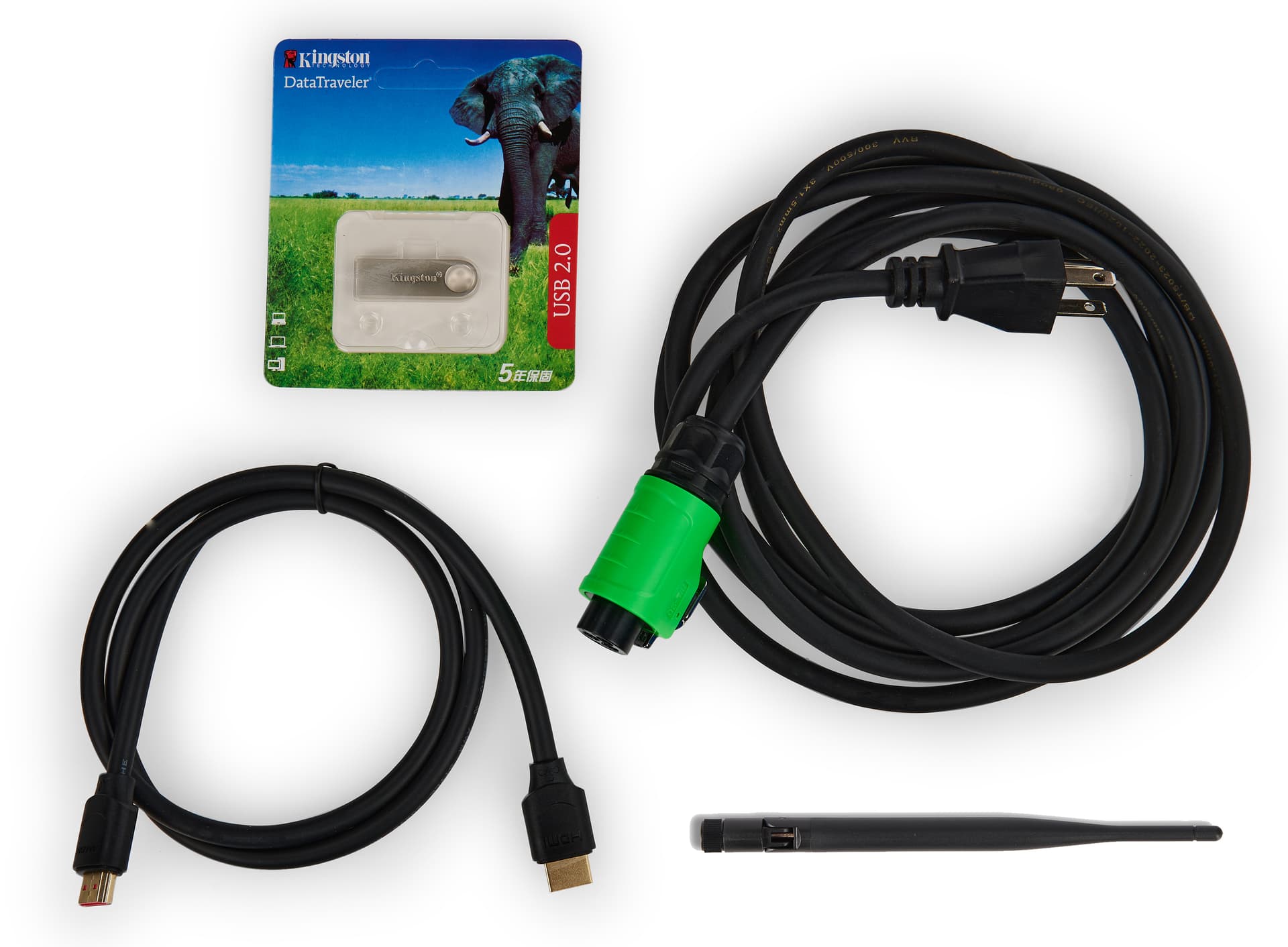 LED poster display kit includes an HDMI cable, power cord, antenna, and USB stick