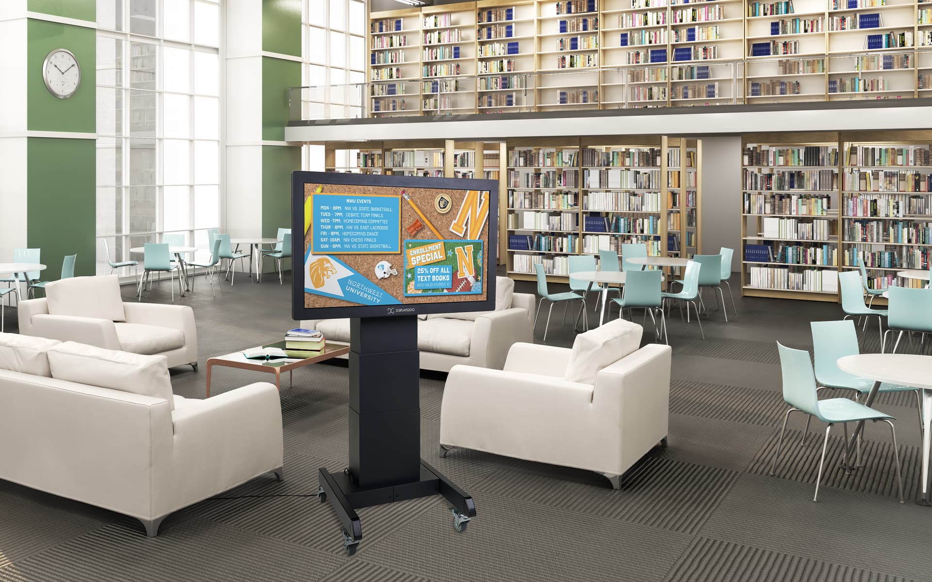 Tilting mobile flat panel stand measures 38 inches wide by 62 inches tall 