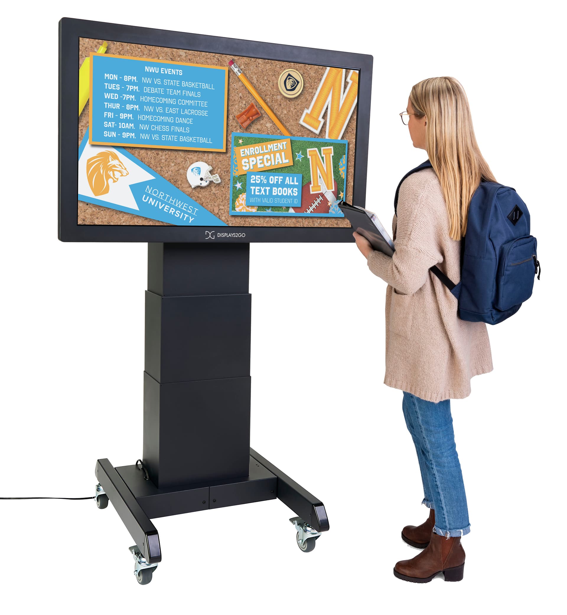 Tilting mobile flat panel stand with adjustable mounting bracket for 43 inch to 100 inch monitors