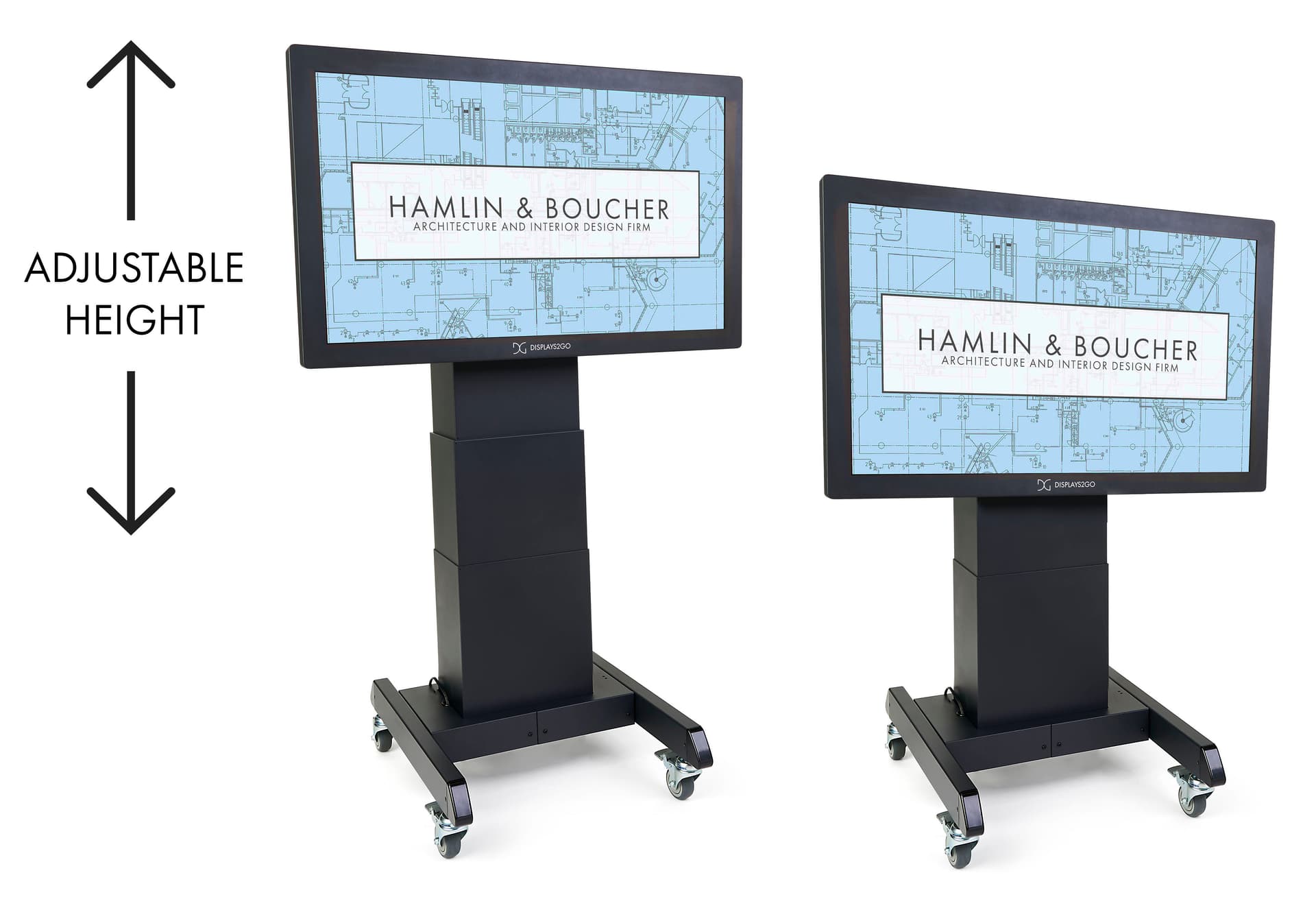 Tilting mobile flat panel stand with 36 inch to 62 inch height adjustment range 