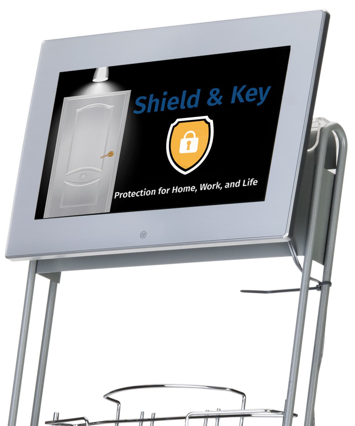 Digital signage video literature rack shown with multimedia