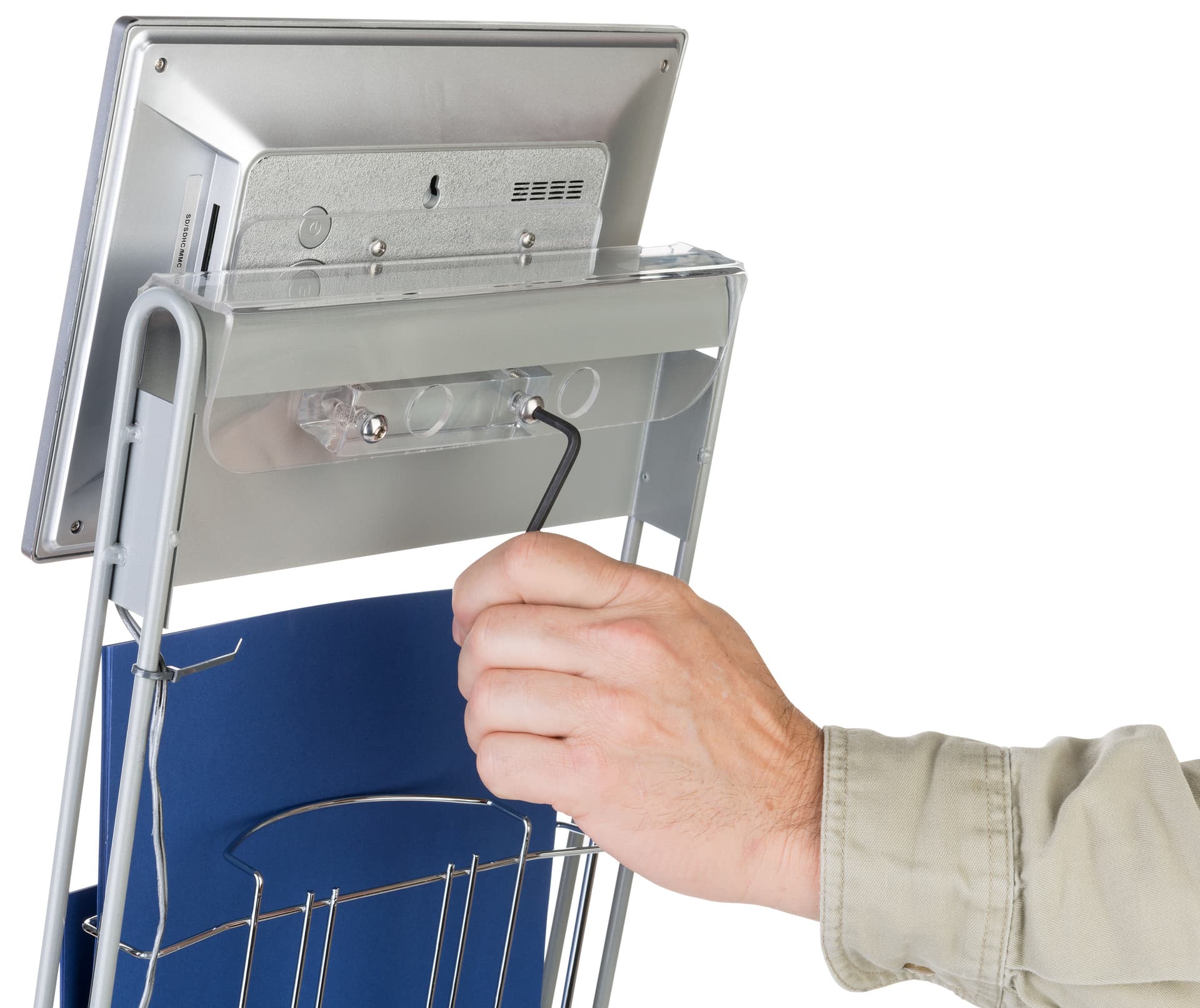 Digital signage video literature rack with locking bracket