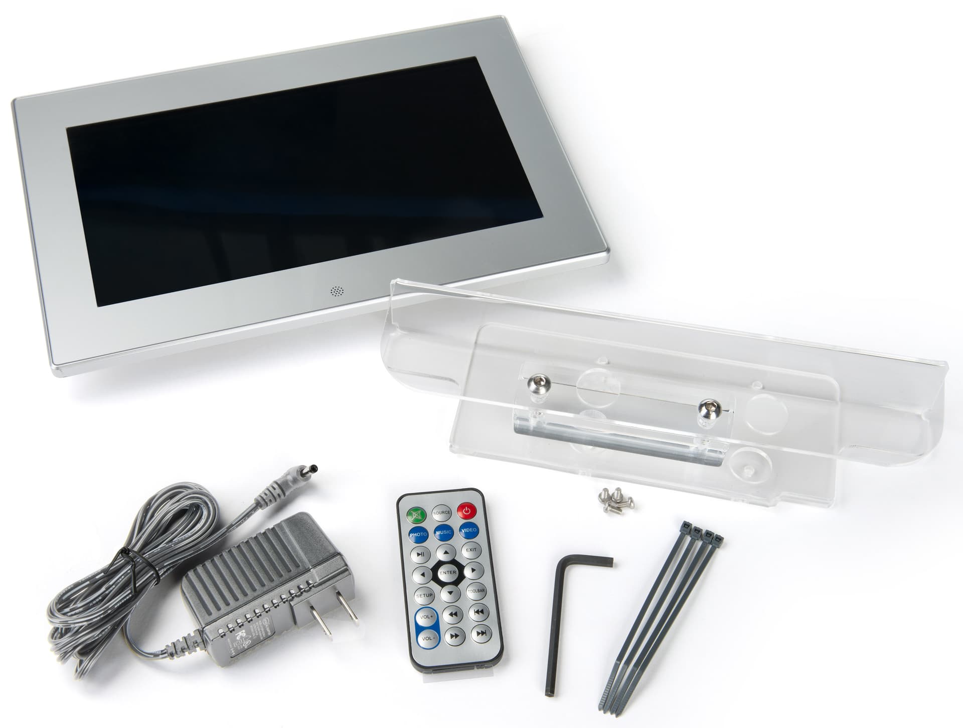 Digital signage video literature rack shown with hardware