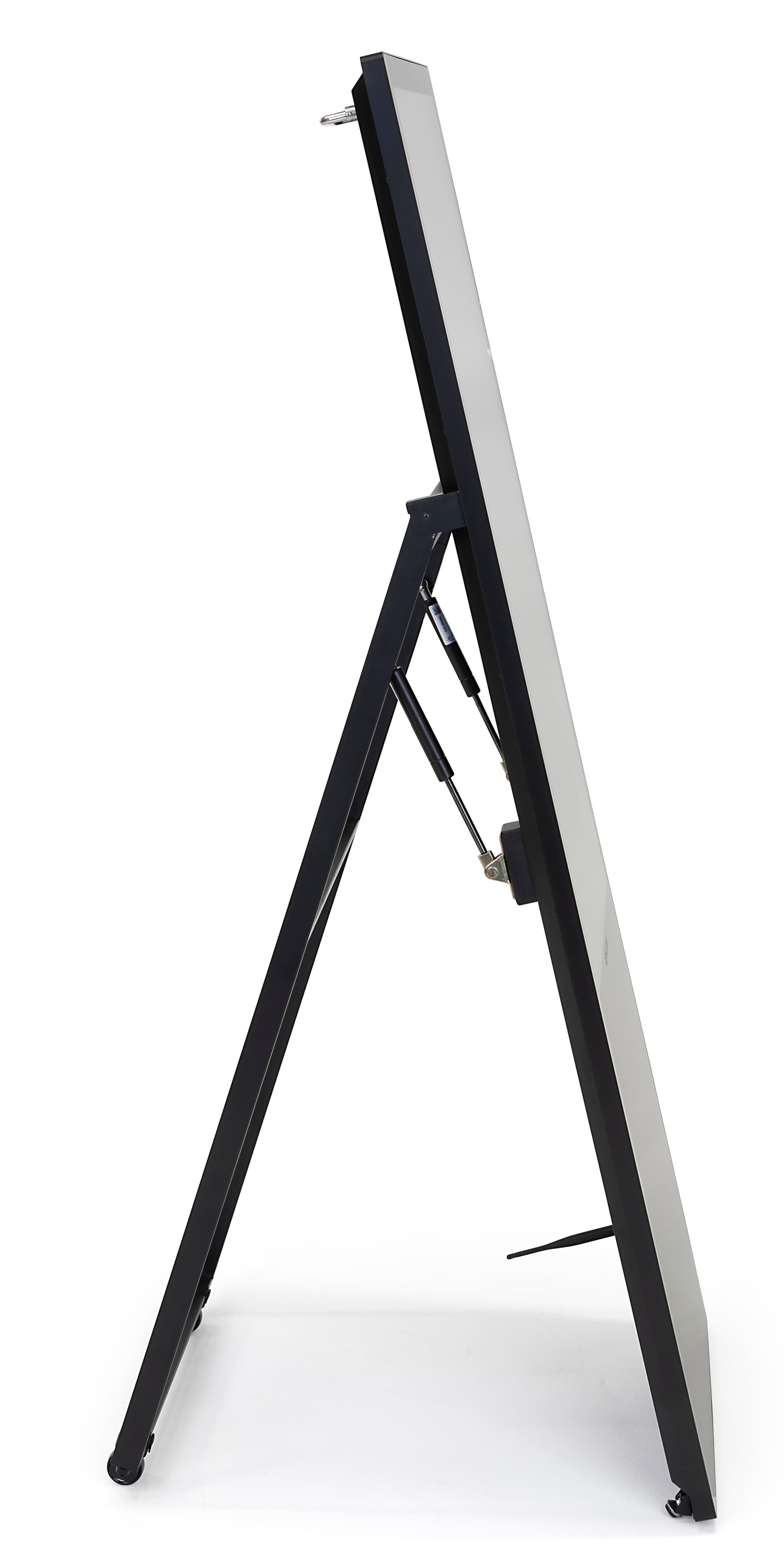 Side view of digital sandwich board with collapsible folding A-frame design