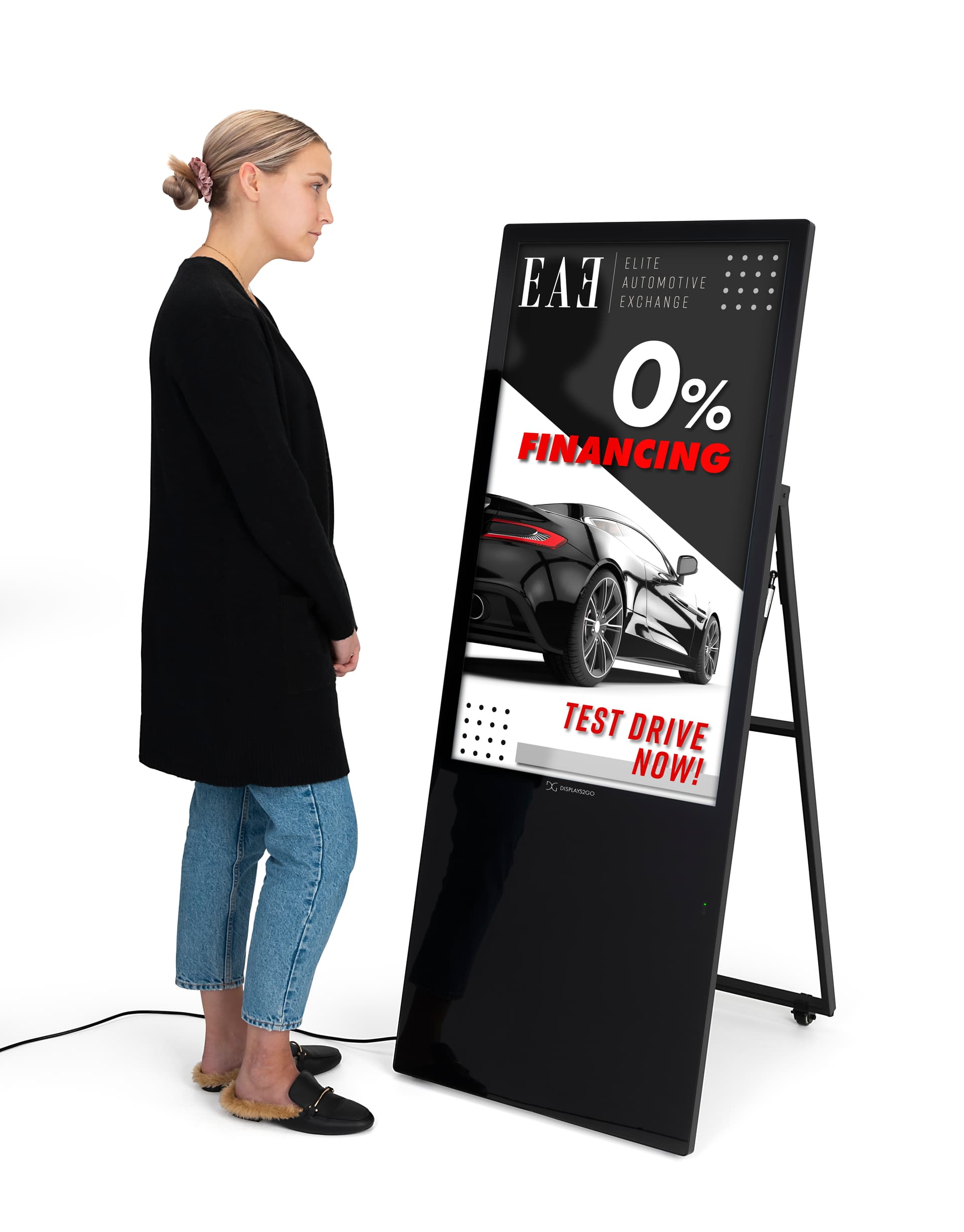 Digital sandwich board with 43 inch non-touch screen featuring car dealer advertisement on screen