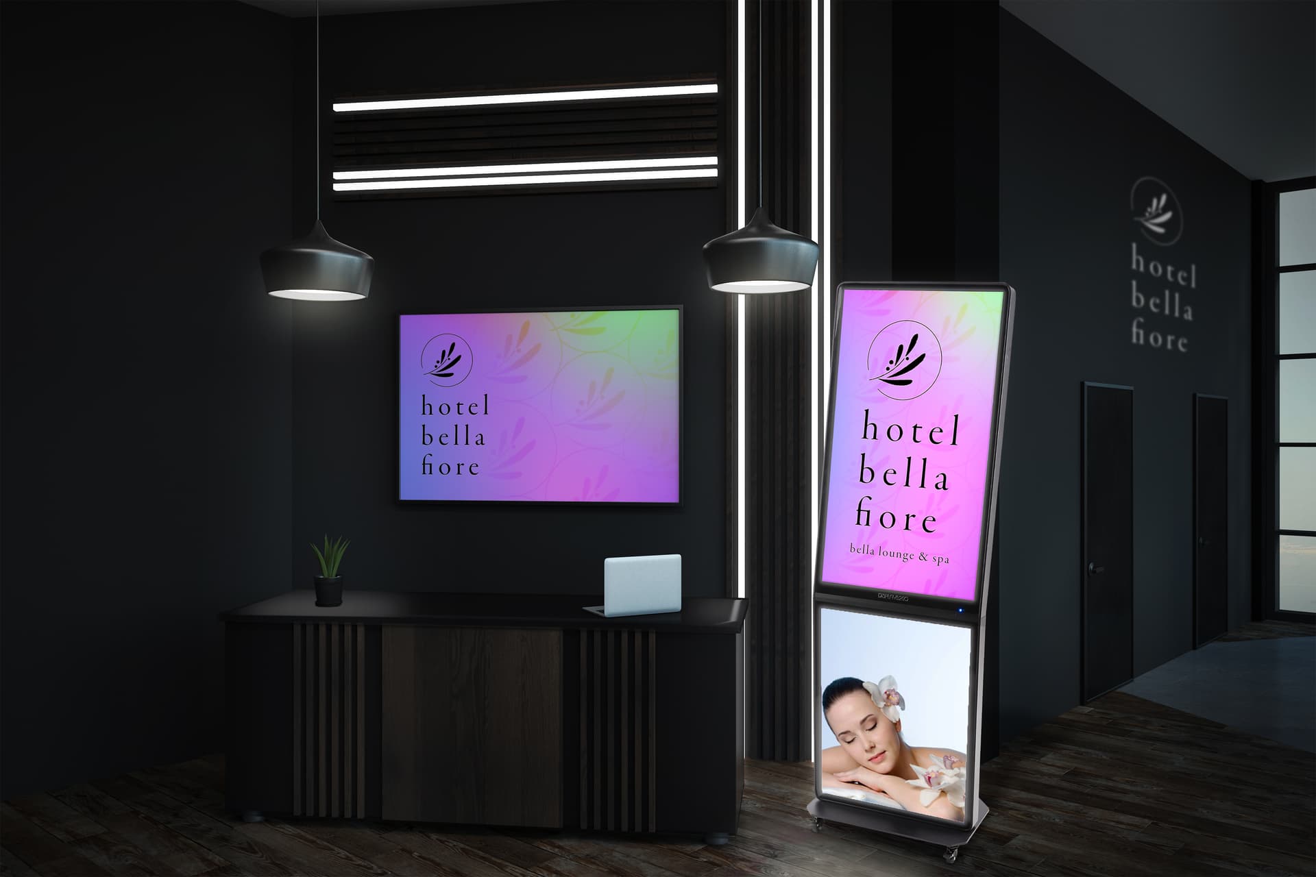 Backlit multimedia kiosk with signage and 32 inch screen