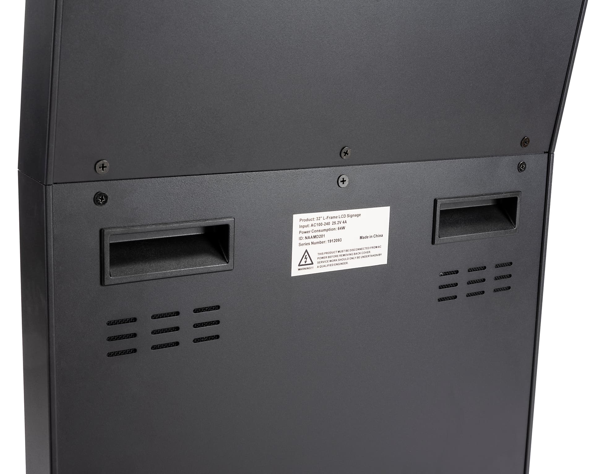 Backlit multimedia kiosk with signage and pull handles 