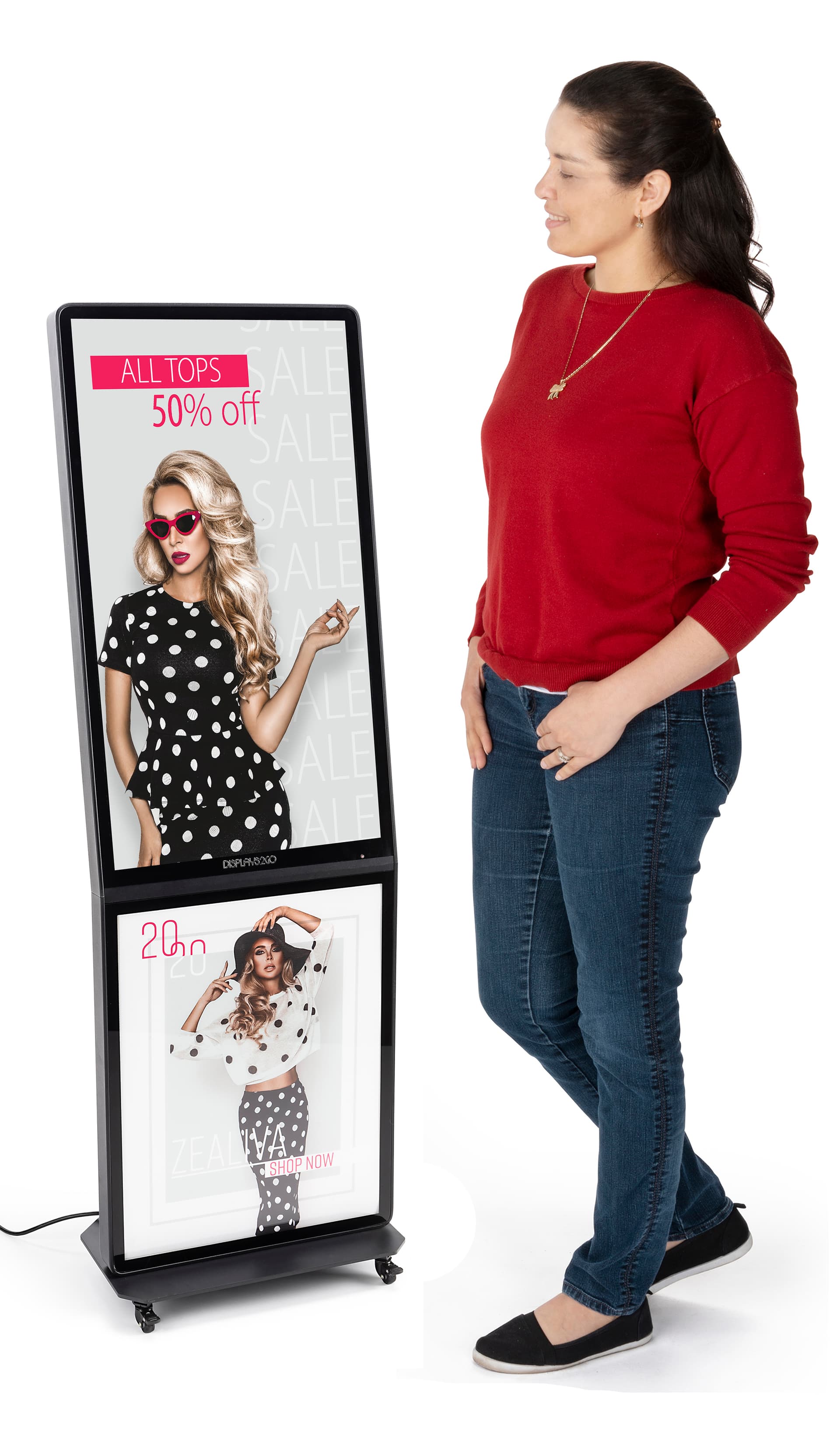 Backlit multimedia kiosk with signage and portrait orientation measures 27 inches wide by 45 inches tall 