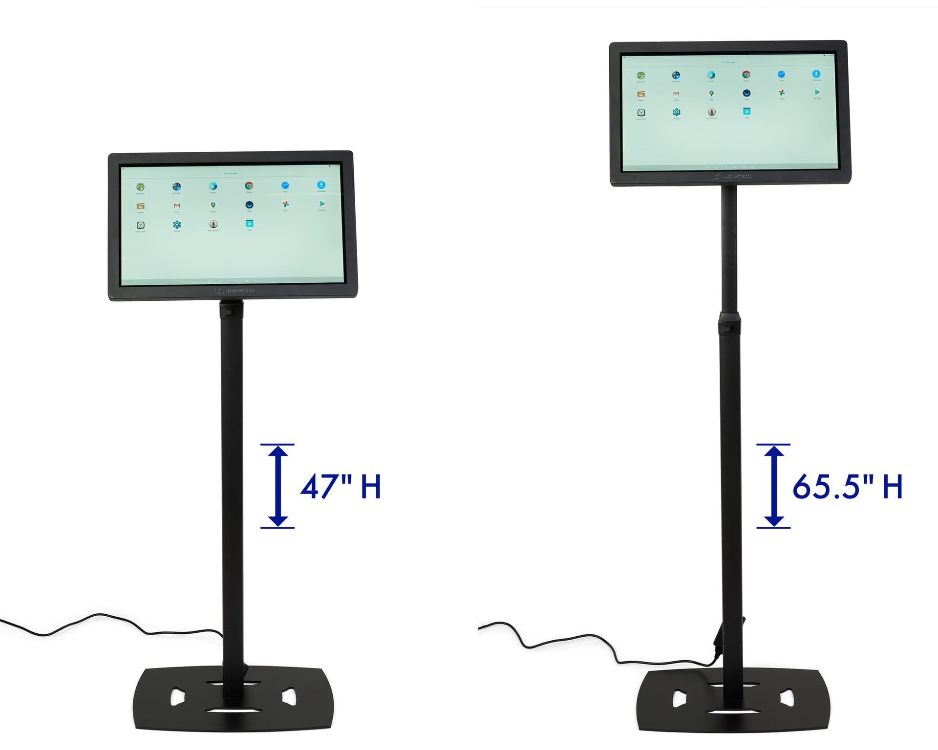 22" height adjustable touch kiosk ranges from 47 inches to 65 inches tall