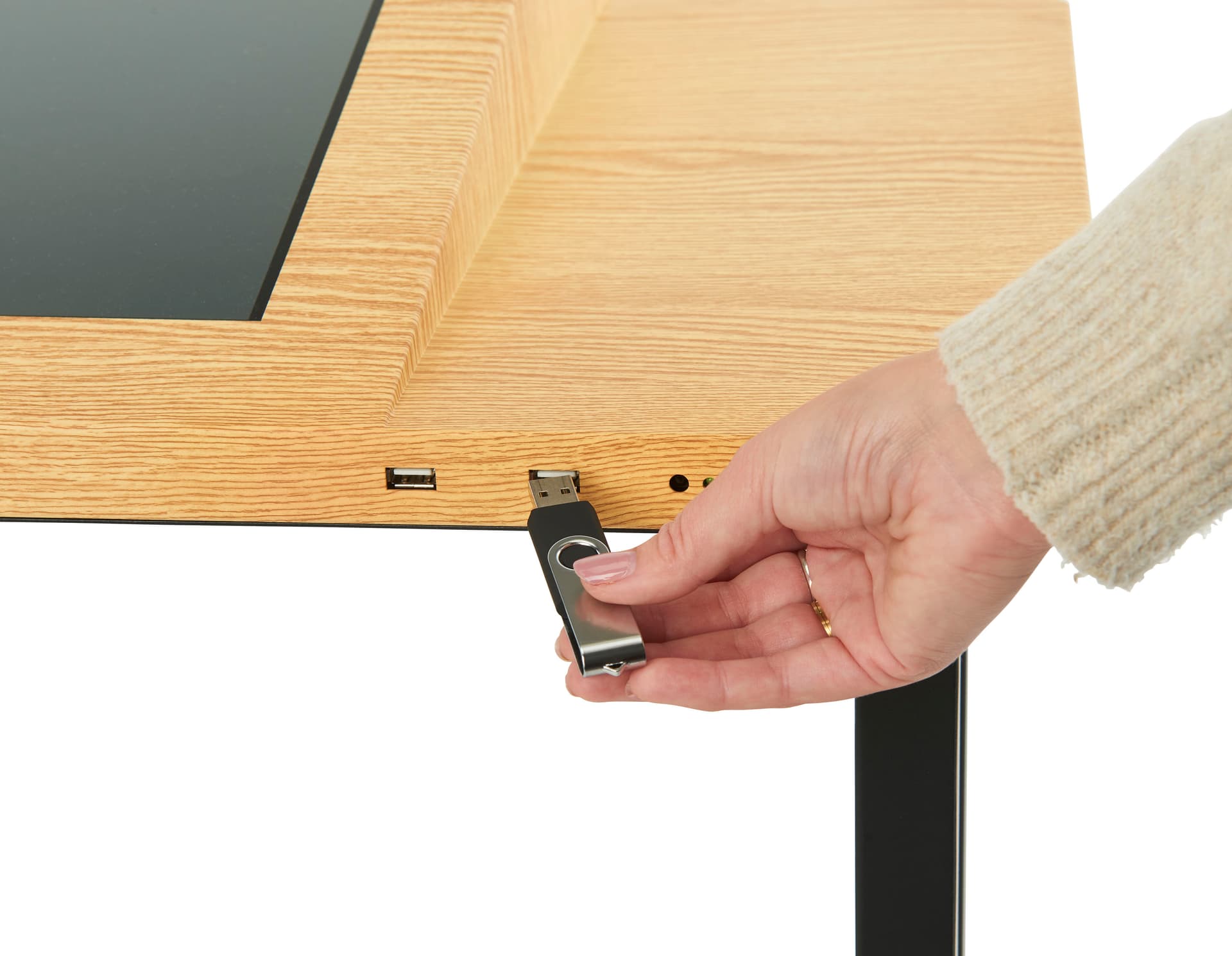 Interactive multi touch table with front access USB ports