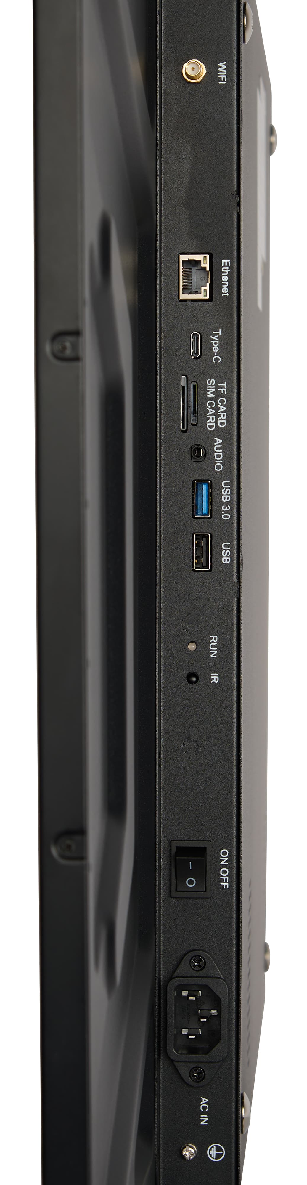 Digital signage monitor with ethernet, USB type-C, TF and SIM card reader, audio, USB 3.0, and USB 2.0 ports
