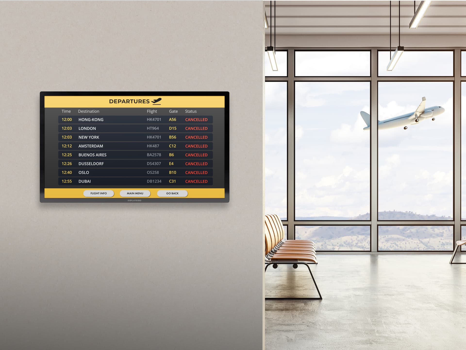 Wall mount touch screen monitor with a flight schedule being showcased at an airport terminal gate