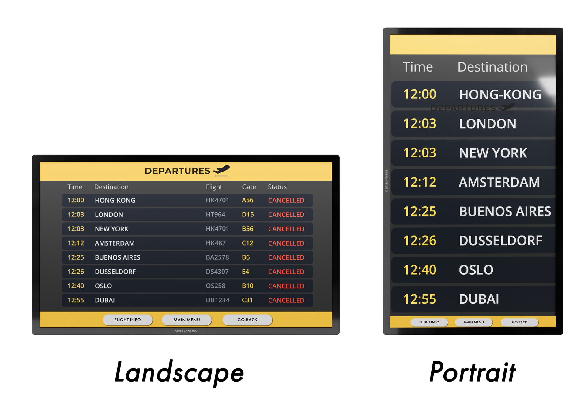 Wall mount touch screen monitor exhibiting an image of an interactive flight schedule