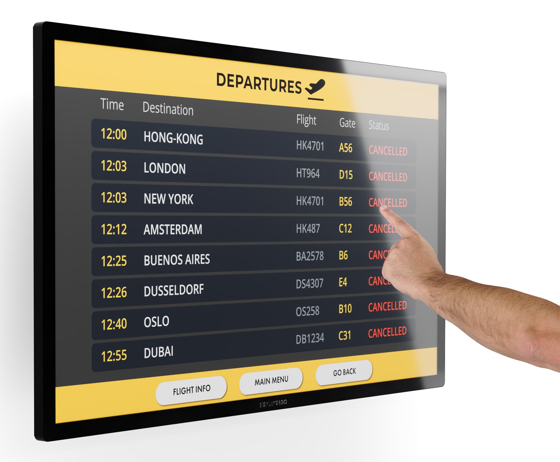 Wall mount touch screen monitor with an passerby interacting with the a flight schedule