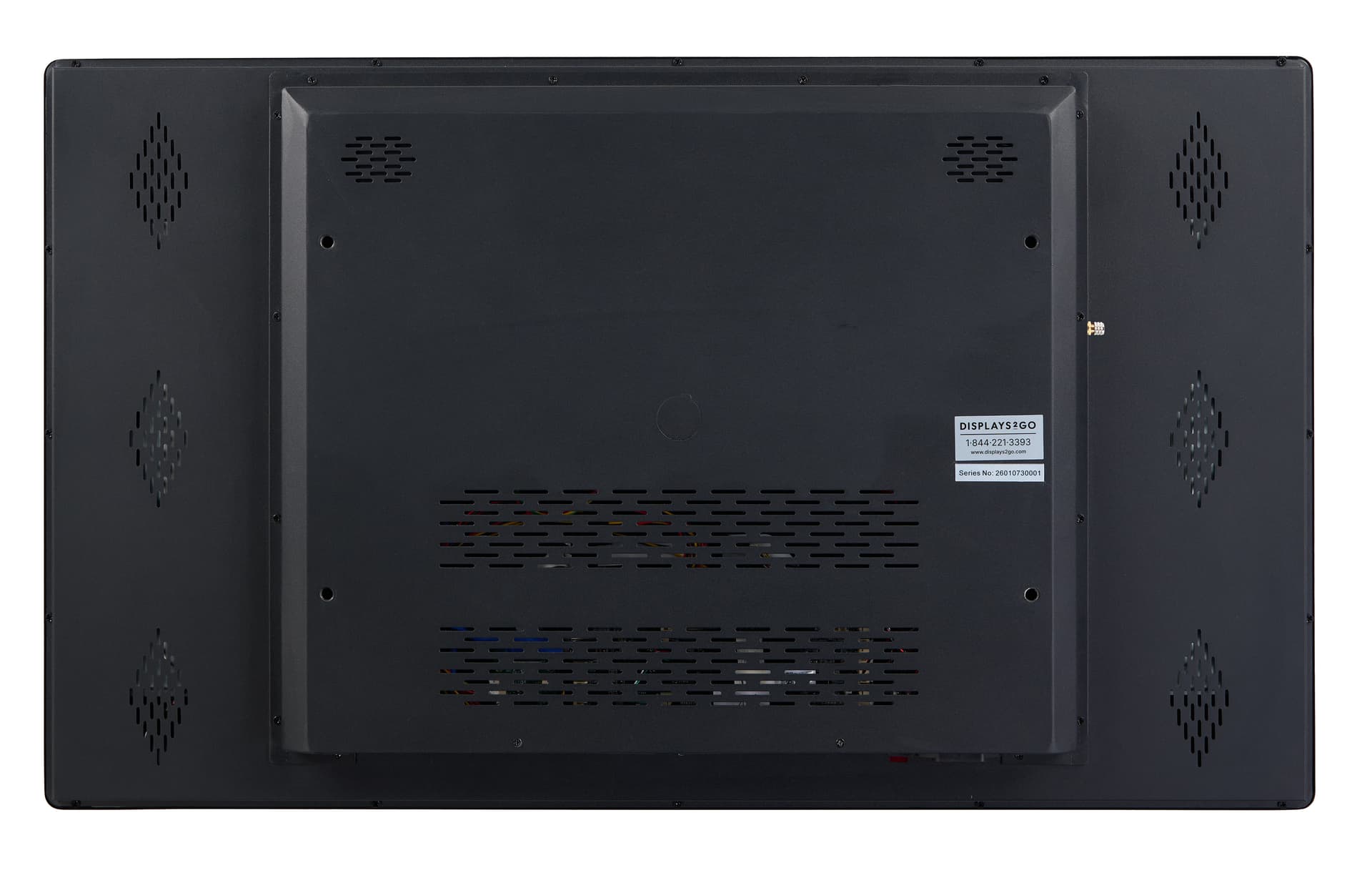 Wall mount touch screen monitor with a view of the back of the monitor with the sleek low profile mount attached