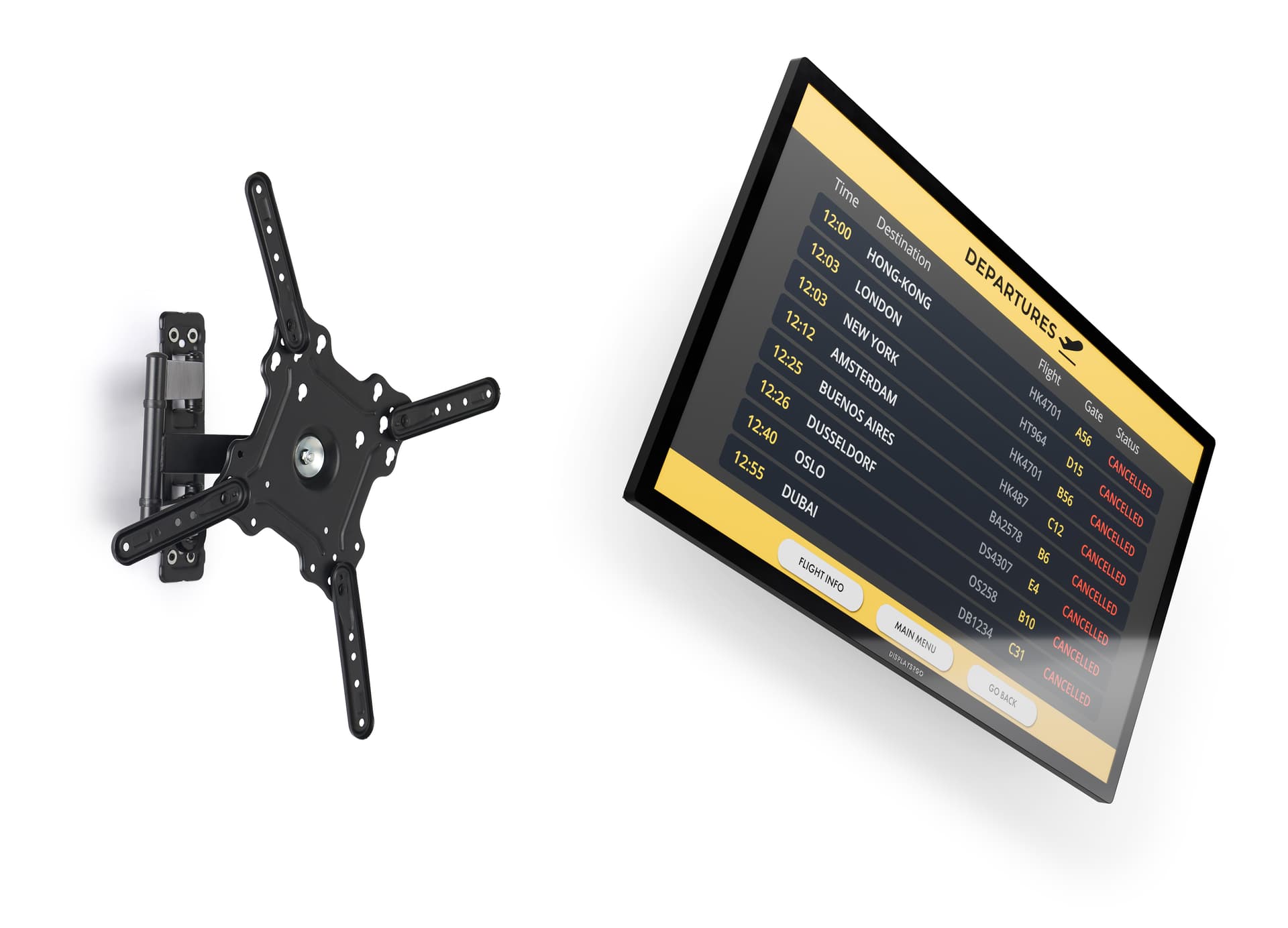 Wall mount touch screen monitor with rotating wall mount and auto-gyroscope sensor that automatically adjusts to landscape or portrait
