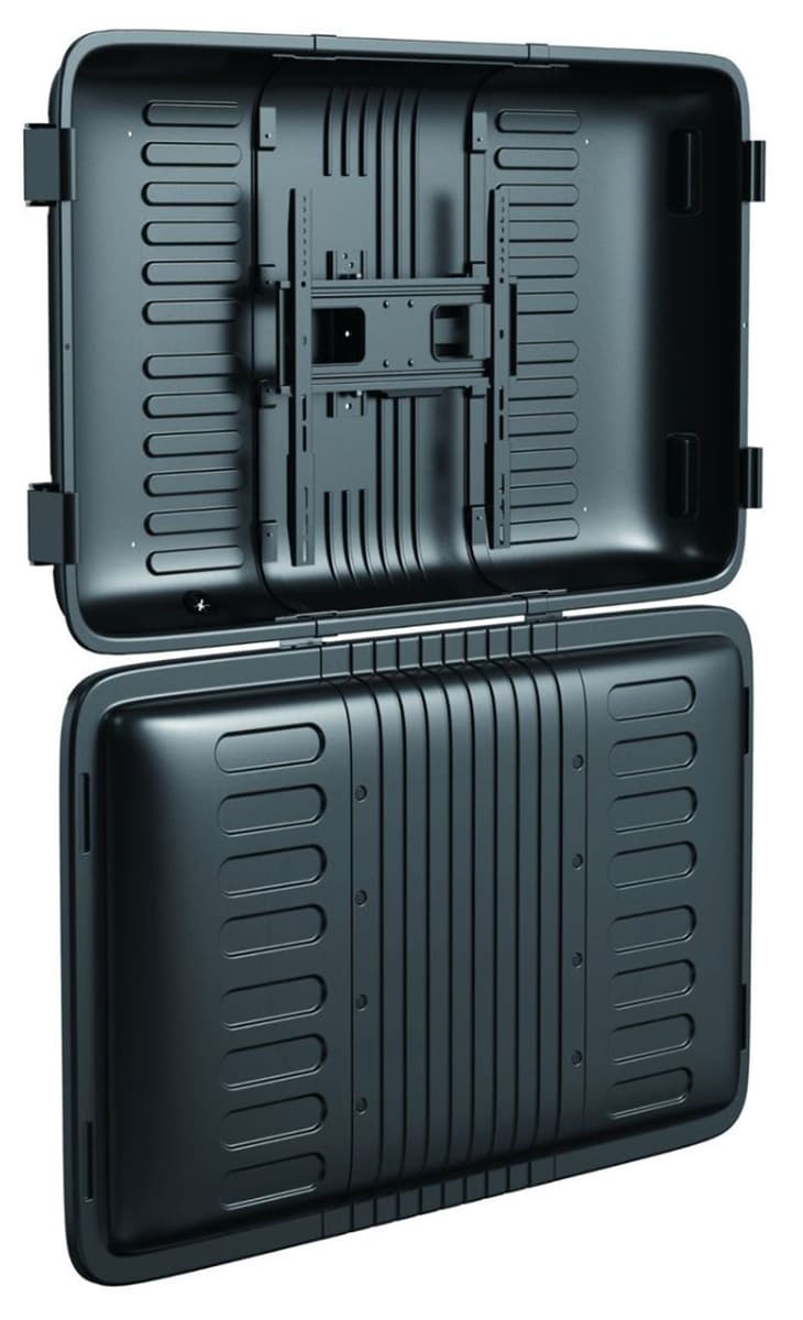 Outdoor TV enclosure with an ASA coating for long term and effective strength and UV resistance