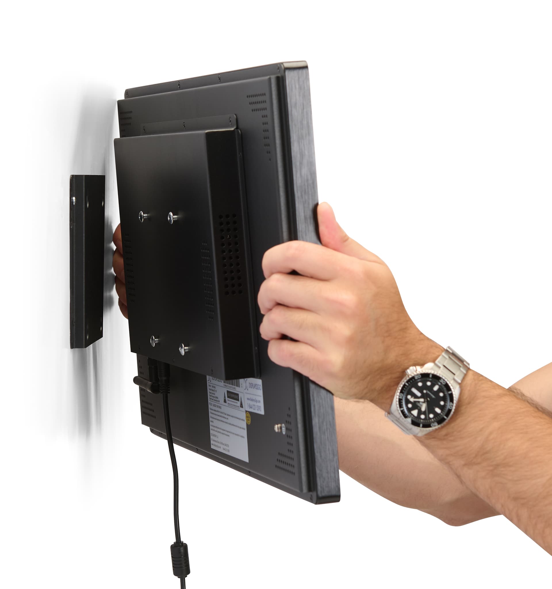 Commercial display monitor with wall mounting hardware and wall mount included