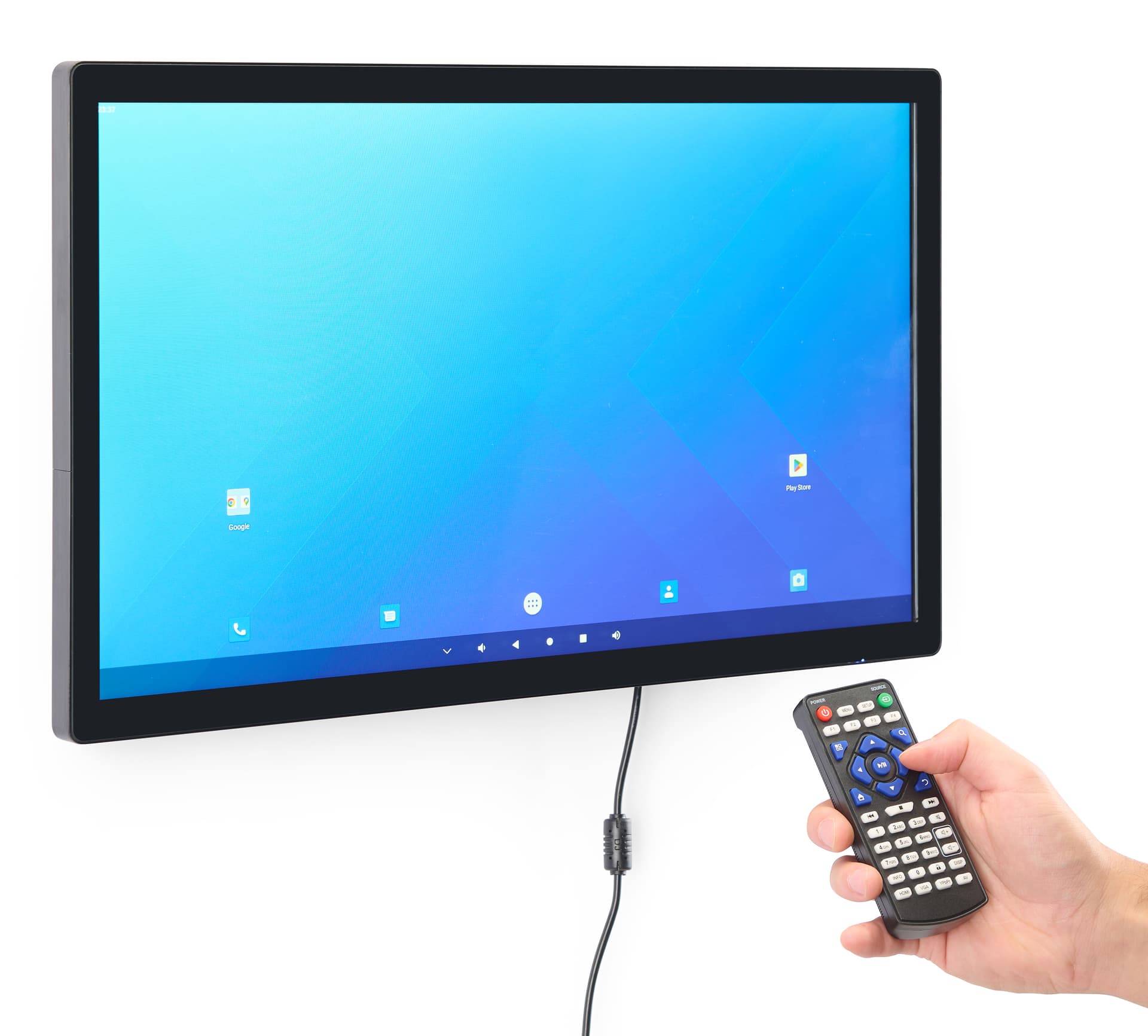 Commercial display monitor being interacted with via the included remote control