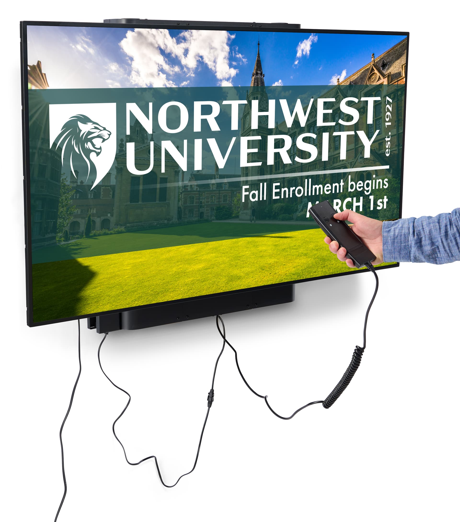 Motorized TV wall mount beings adjusted via the wired remote