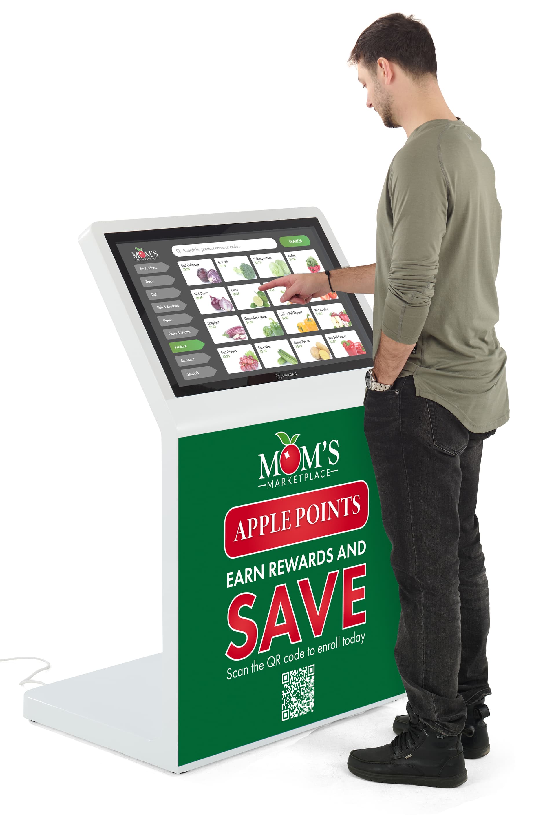 Touch screen kiosk with camera with subject interacting with the sleek white interactive unit