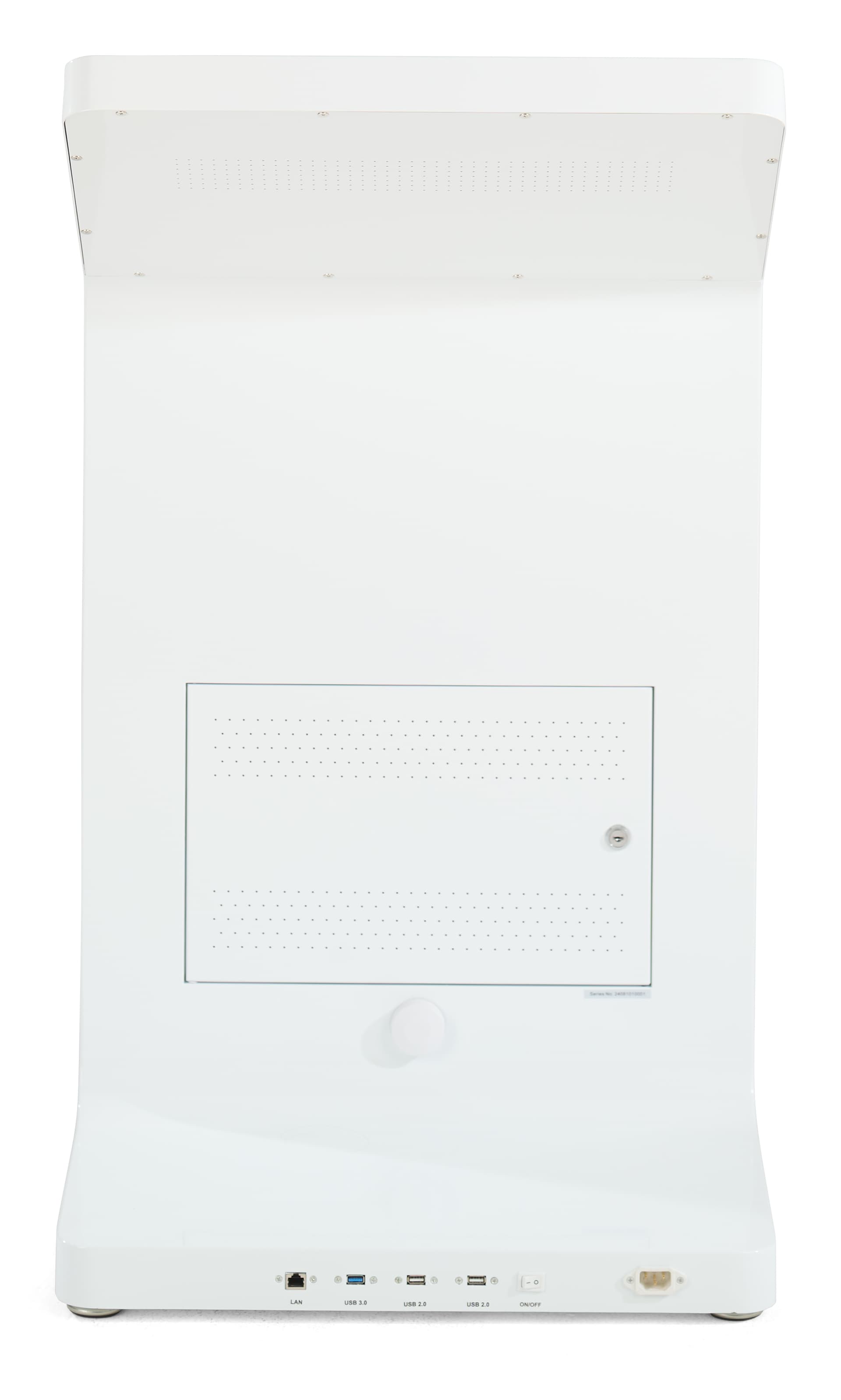 Touch screen kiosk with camera with all ports, maintenance panels, and antenna located on the back of the unit