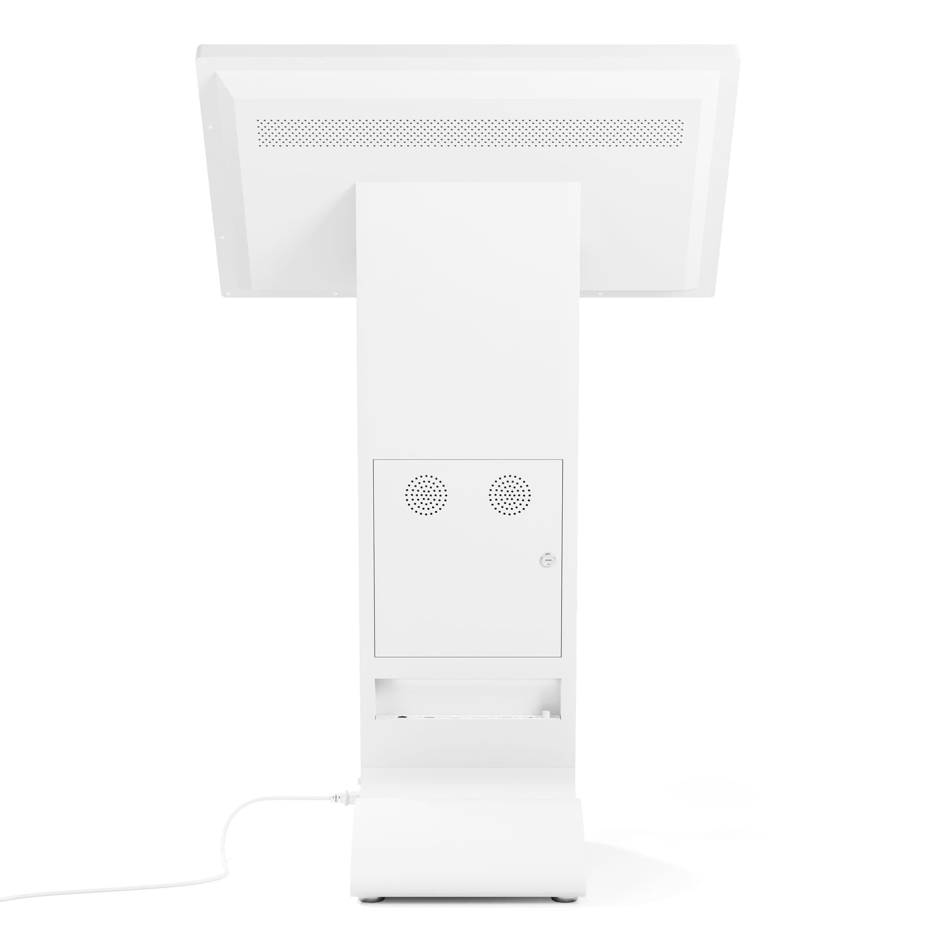 Horizontal touch screen display floor stand is manufactured with a rugged steel housing for use in public spaces