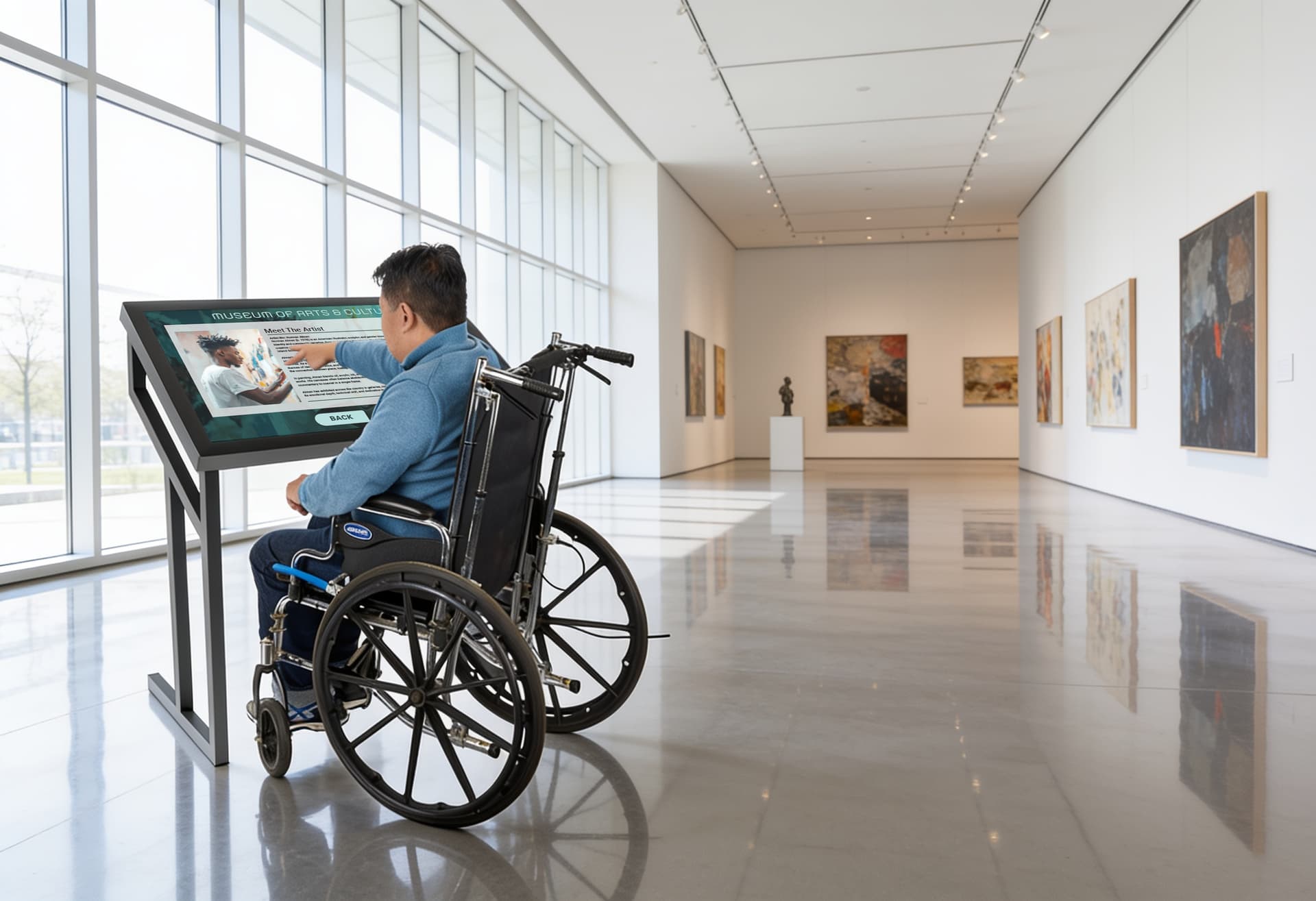 Accessible Touch Screen Table with a man in a wheelchair interacting with it in an art museum