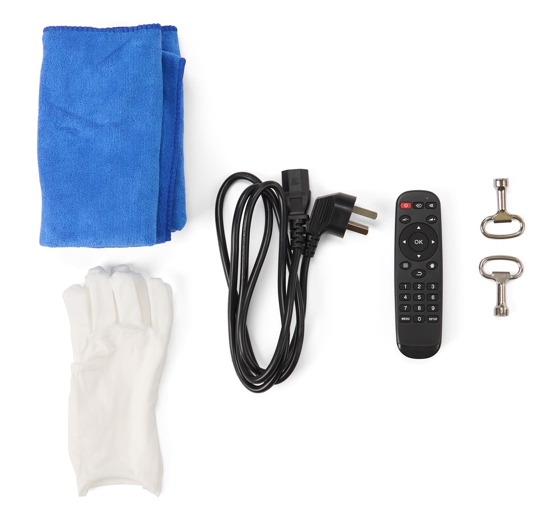 Touch screen interactive kiosk with included remote, keys, microfiber cloth, and power cord