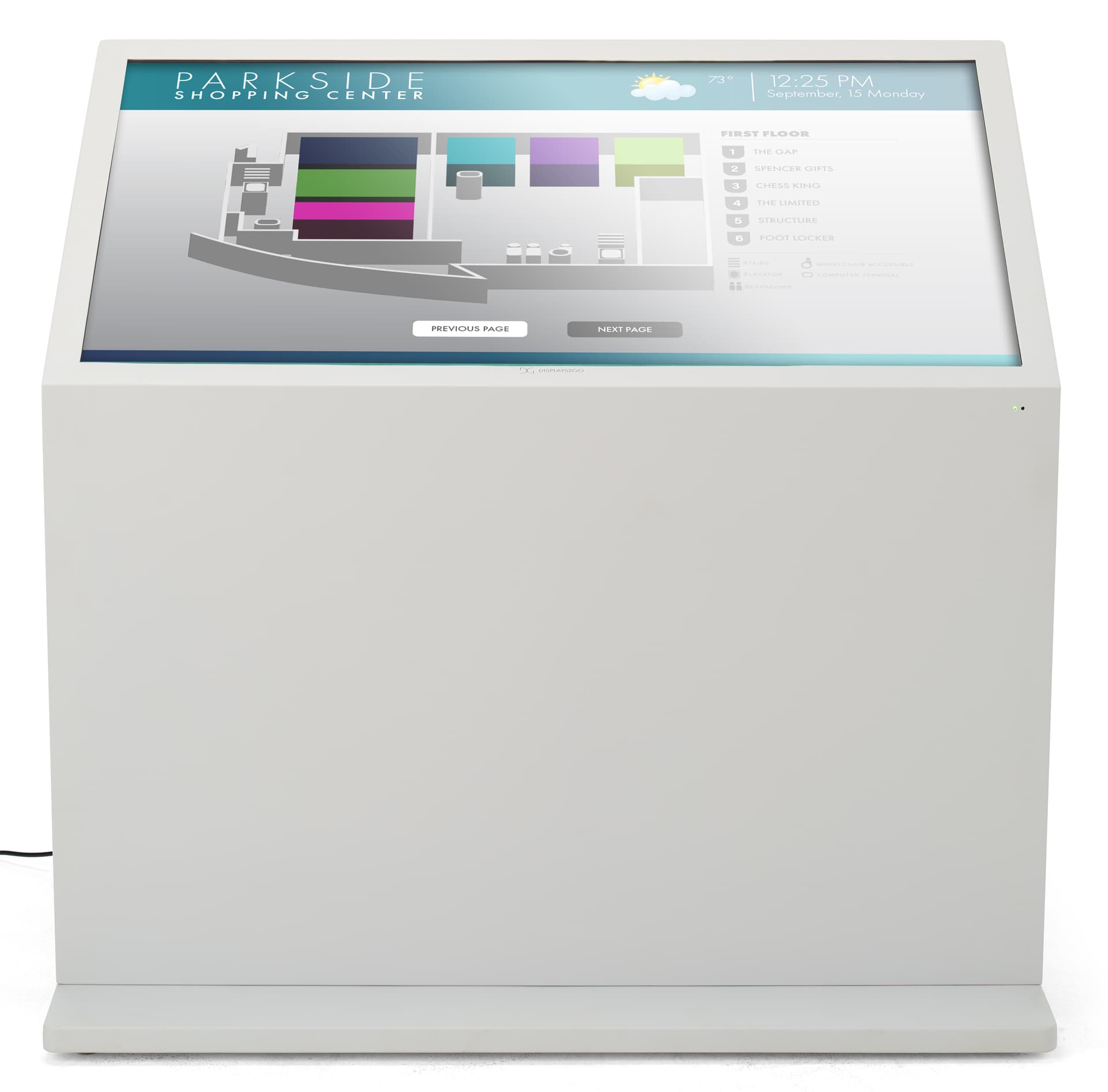 Touch screen interactive kiosk showcasing the front of the unit displaying a wayfinding graphic