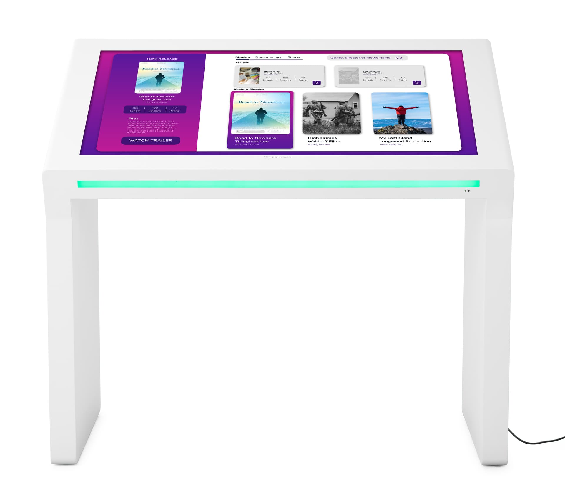 Edge lit horizontal touch screen kiosk with front LED strip showing green color setting