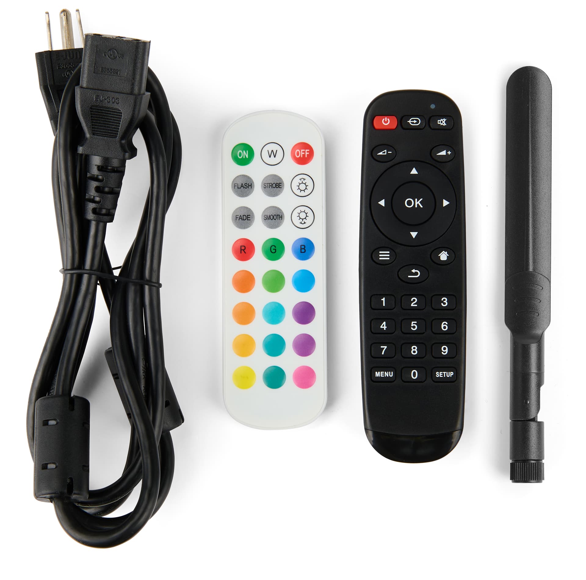 Power cord, LED lighting remote, digital kiosk remote and antenna for edge lit horizontal touch screen kiosk 