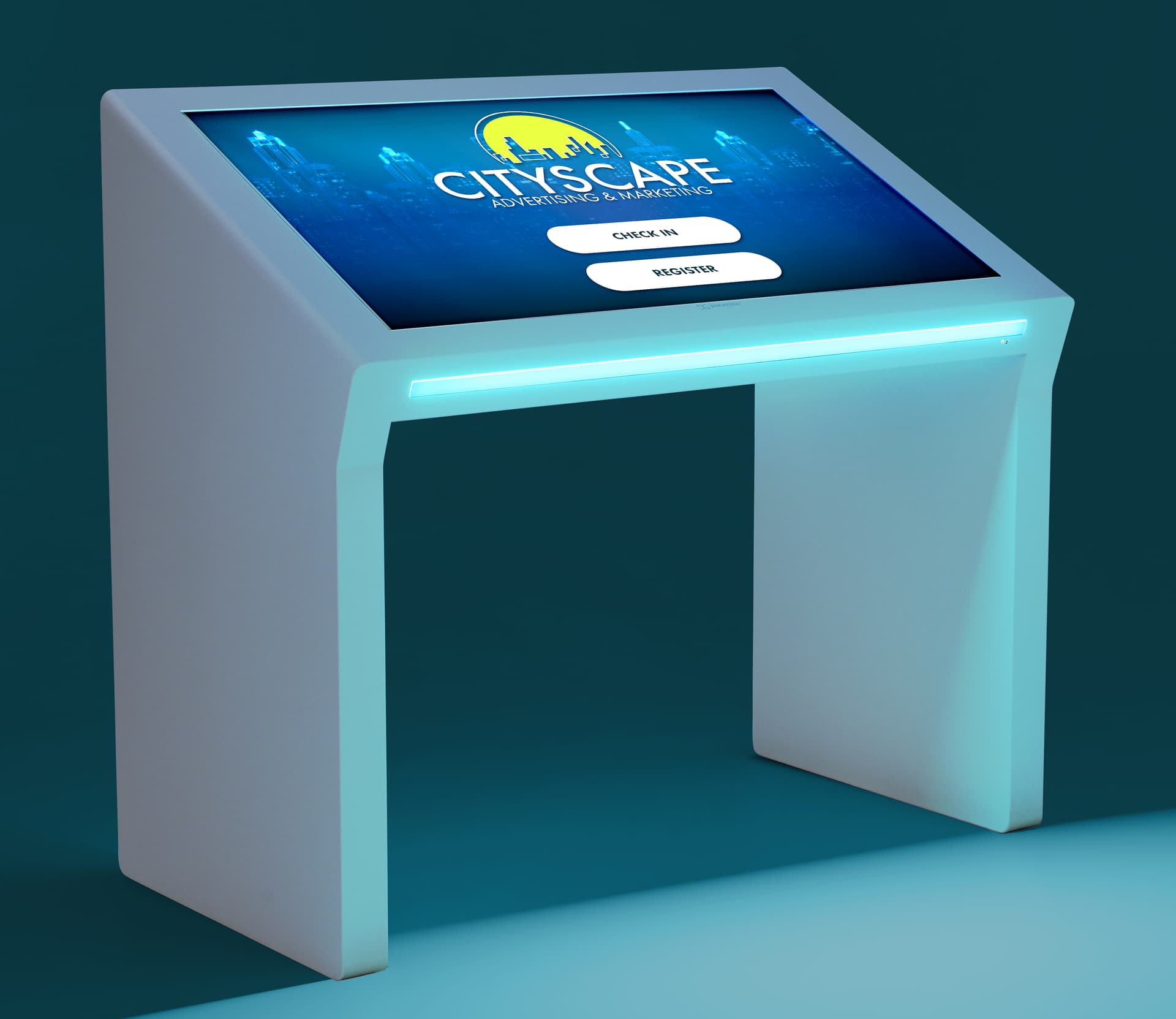 Edge lit horizontal touch screen kiosk shown in dark space to showcase the illuminated LED strip feature