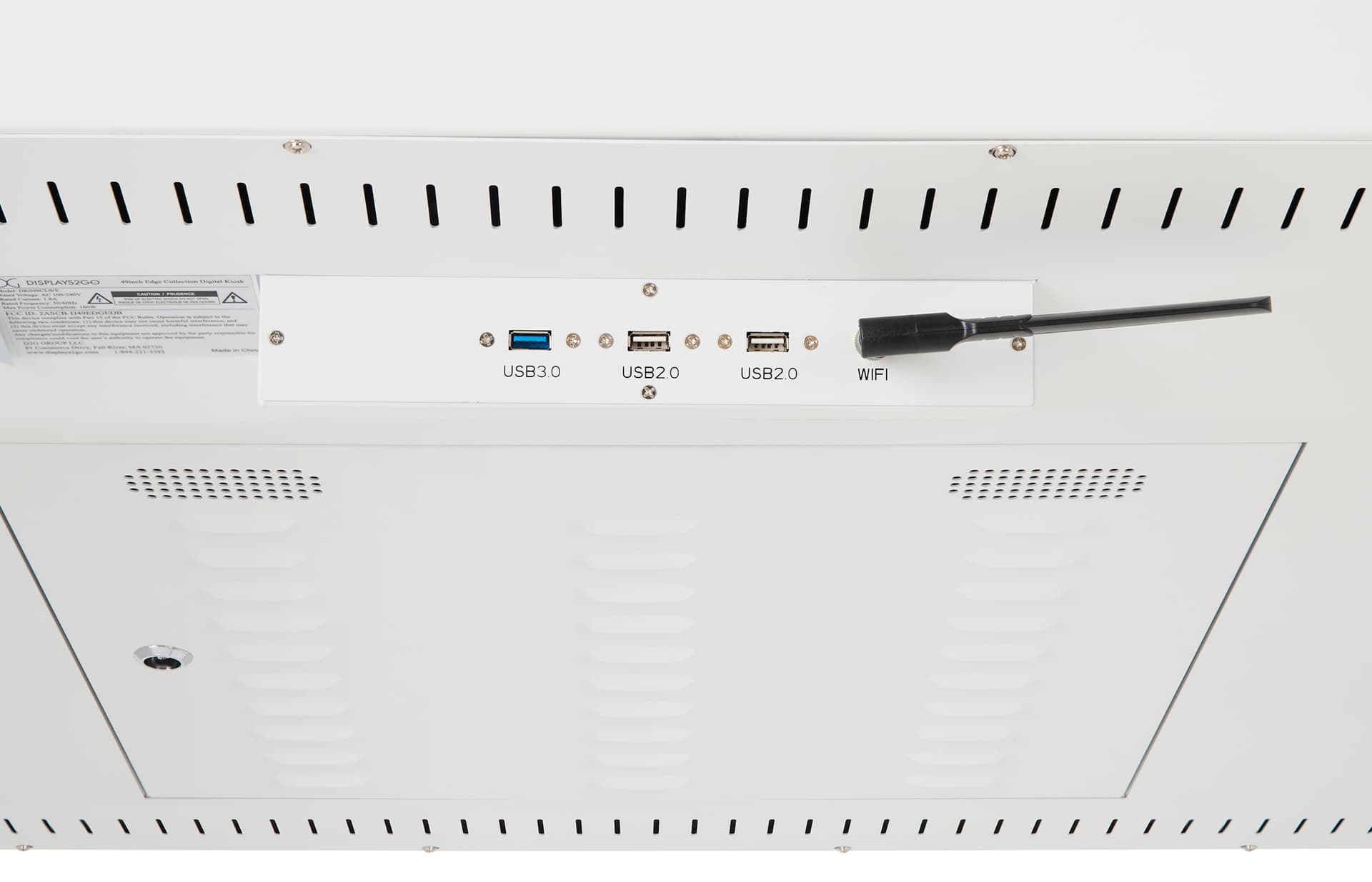 Close up shot of USB 2.0 and USB 3.0 ports on edge lit horizontal touch screen kiosk 
