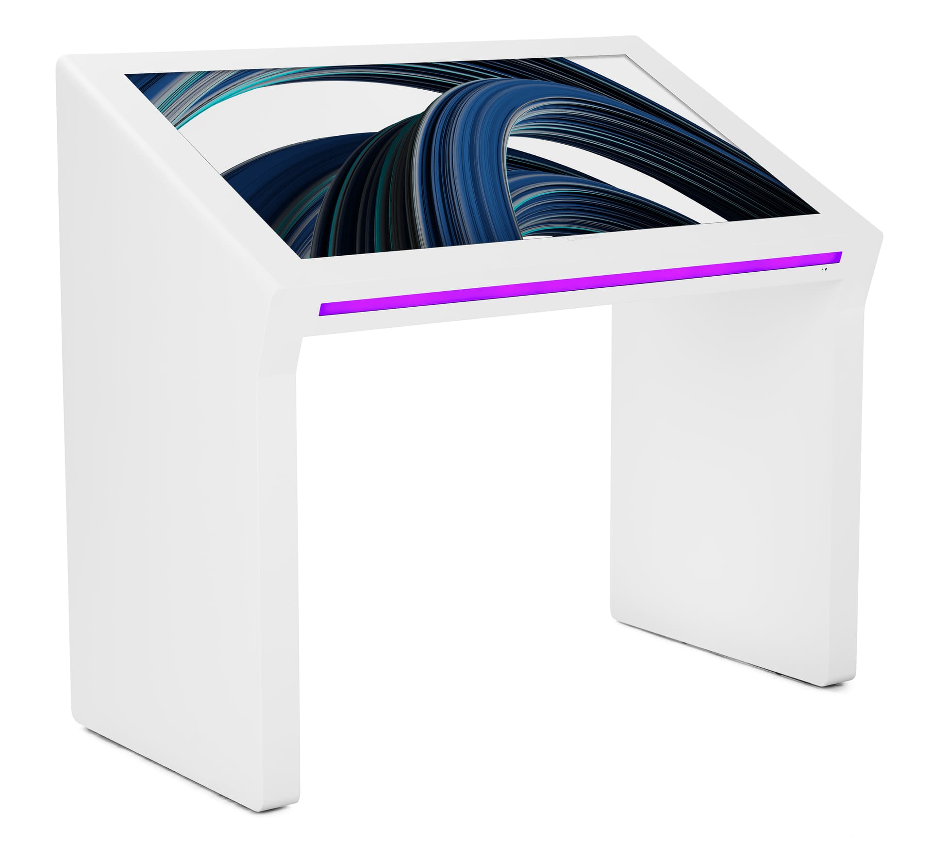Edge lit horizontal touch screen kiosk with front LED strip on pink color mode