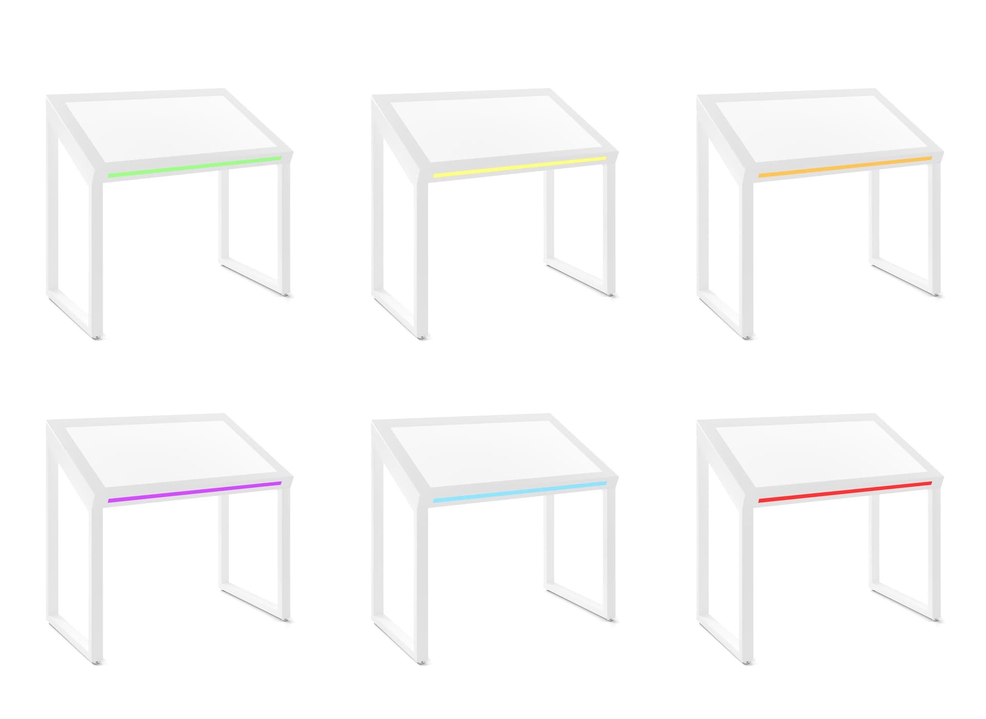 Edge lit horizontal touch screen kiosk showcasing purple, red, yellow, teal, orange, and green LED light color settings