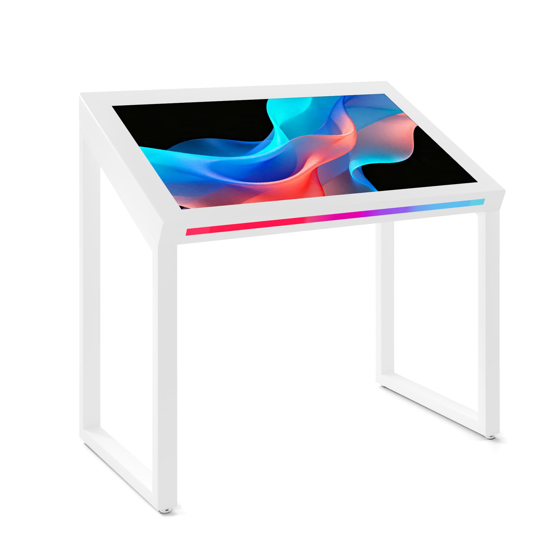 Edge lit horizontal touch screen kiosk with front LED strip on the front showcasing RGB colors
