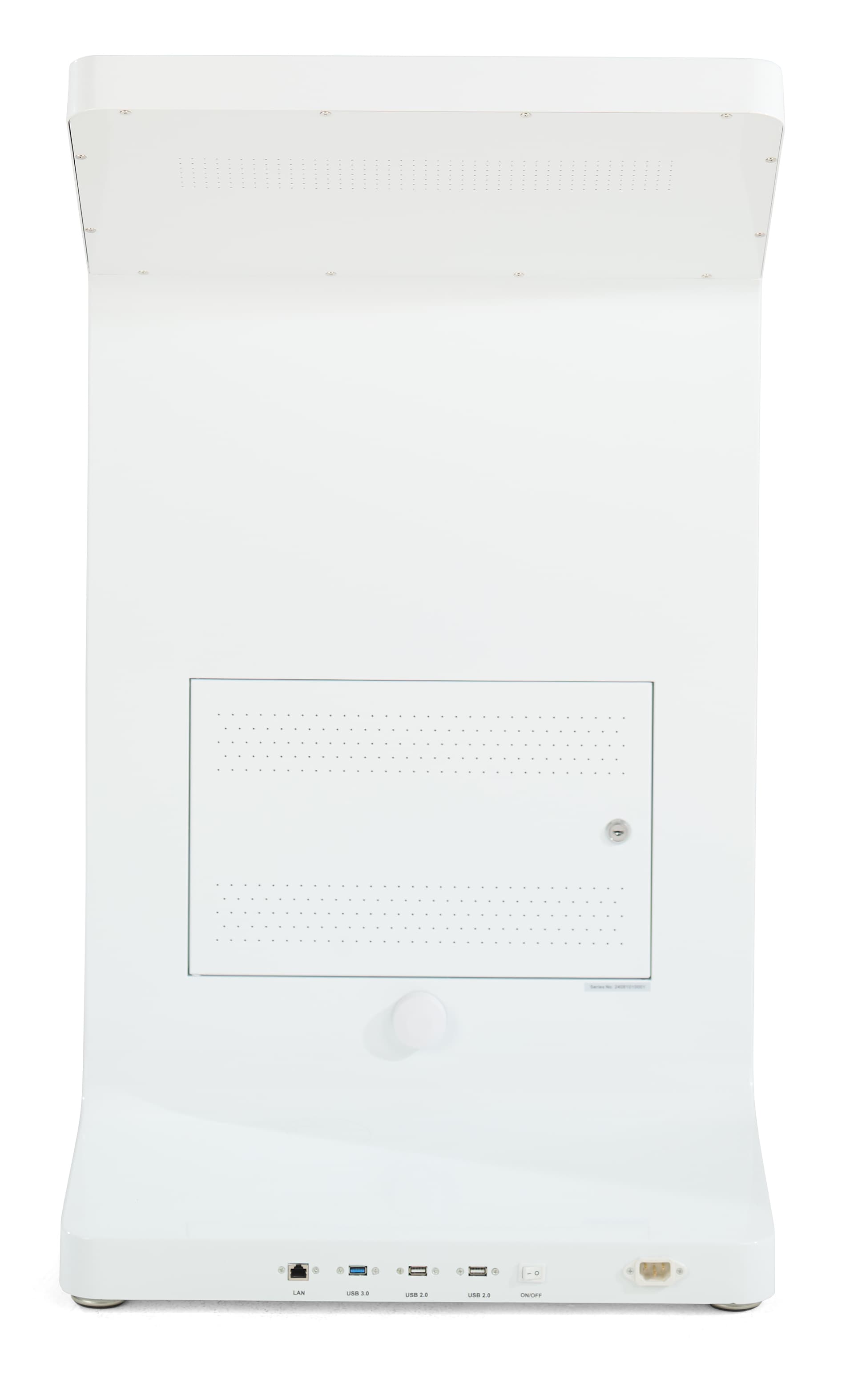 Floor standing touch screen kiosk with all ports, maintenance panels, and antenna located on the back of the unit
